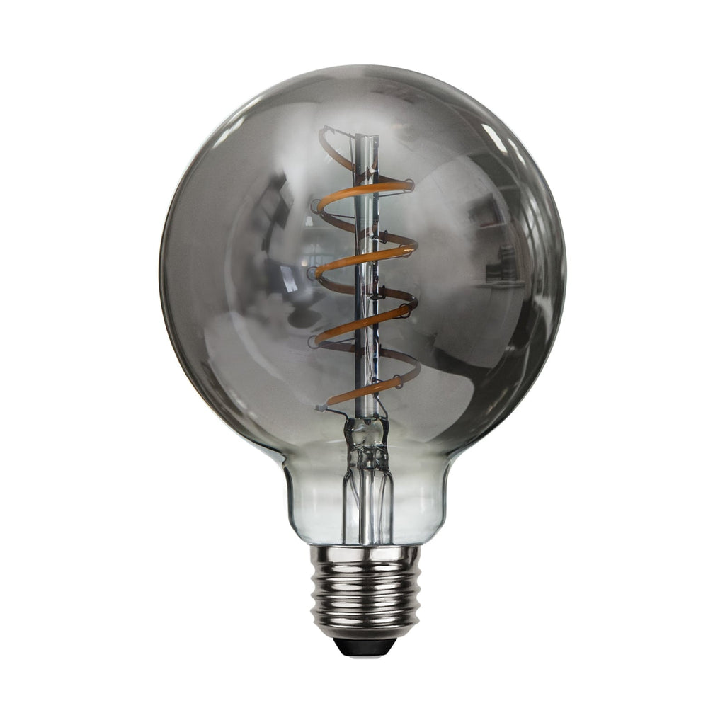 LED globepære G95 E27 2W 2100K dimbar røykgrå spiral forfra