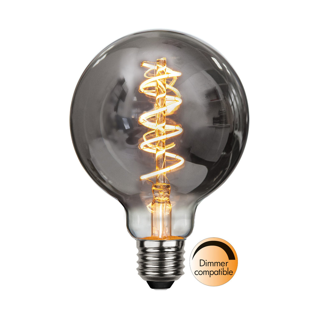 LED globepære G95 E27 2W 2100K dimbar røykgrå spiral nærbilde