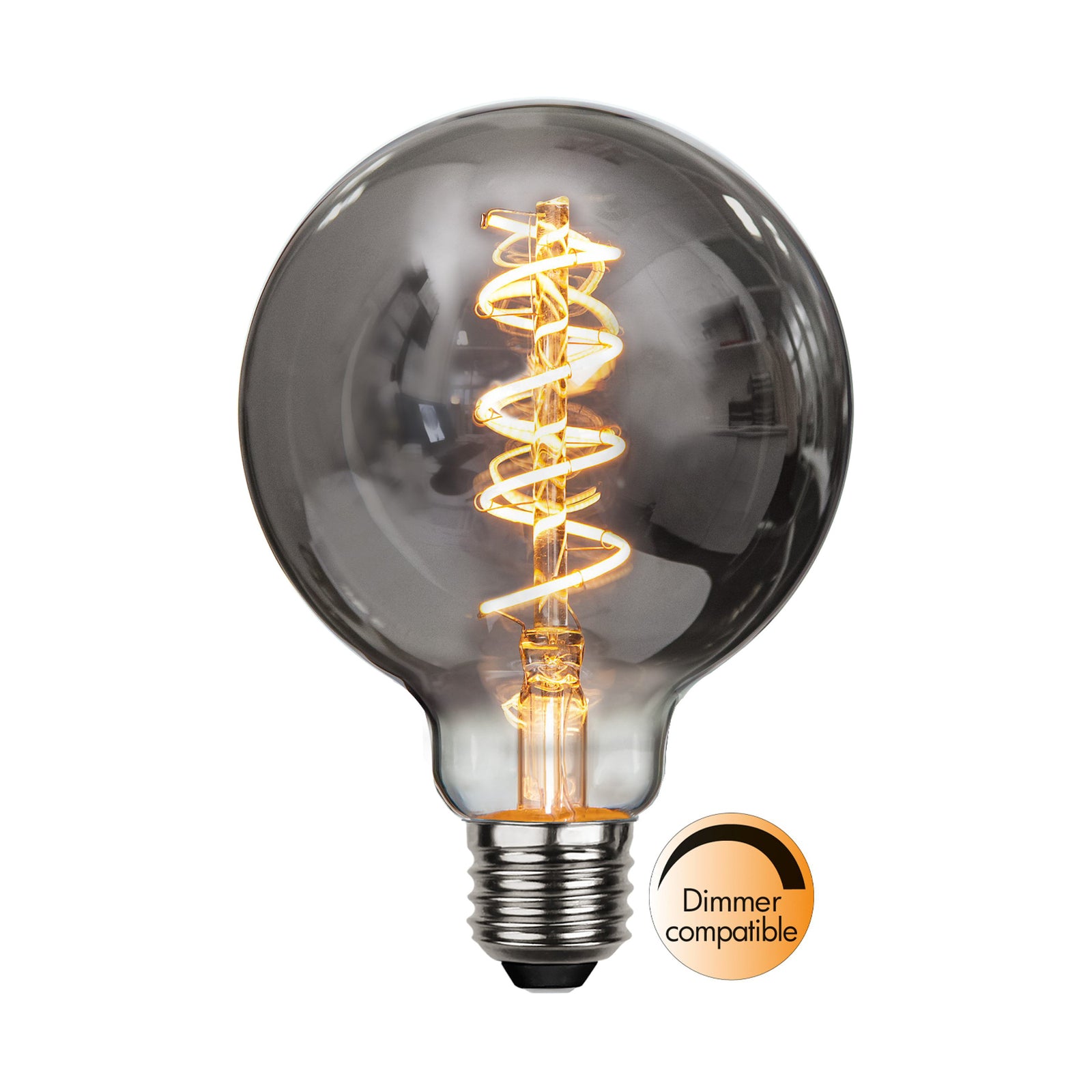 LED globepære G95 E27 2W 2100K dimbar røykgrå spiral nærbilde