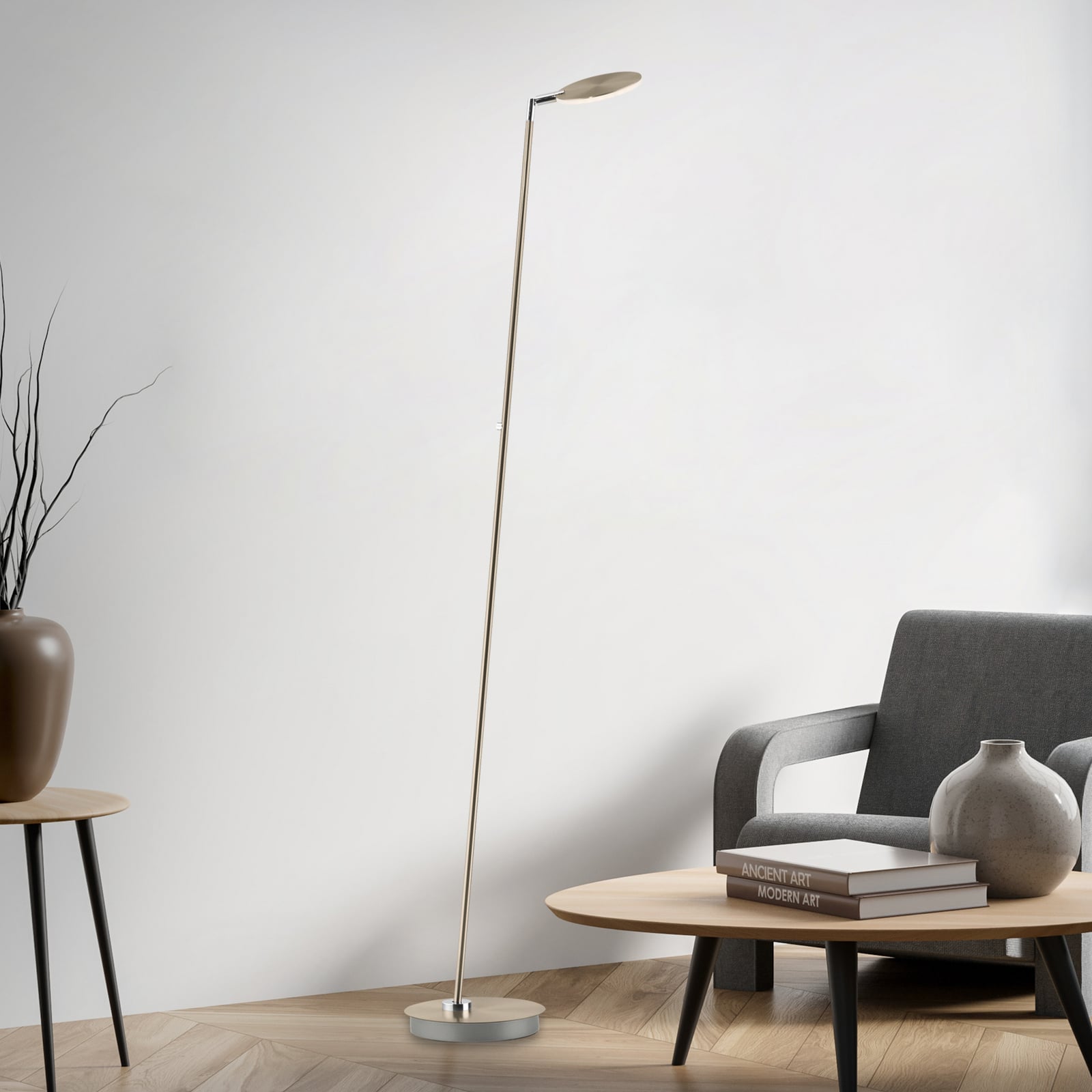 LED gulvlampe Akku-Bente dimbar CCT messing USB-C forfra