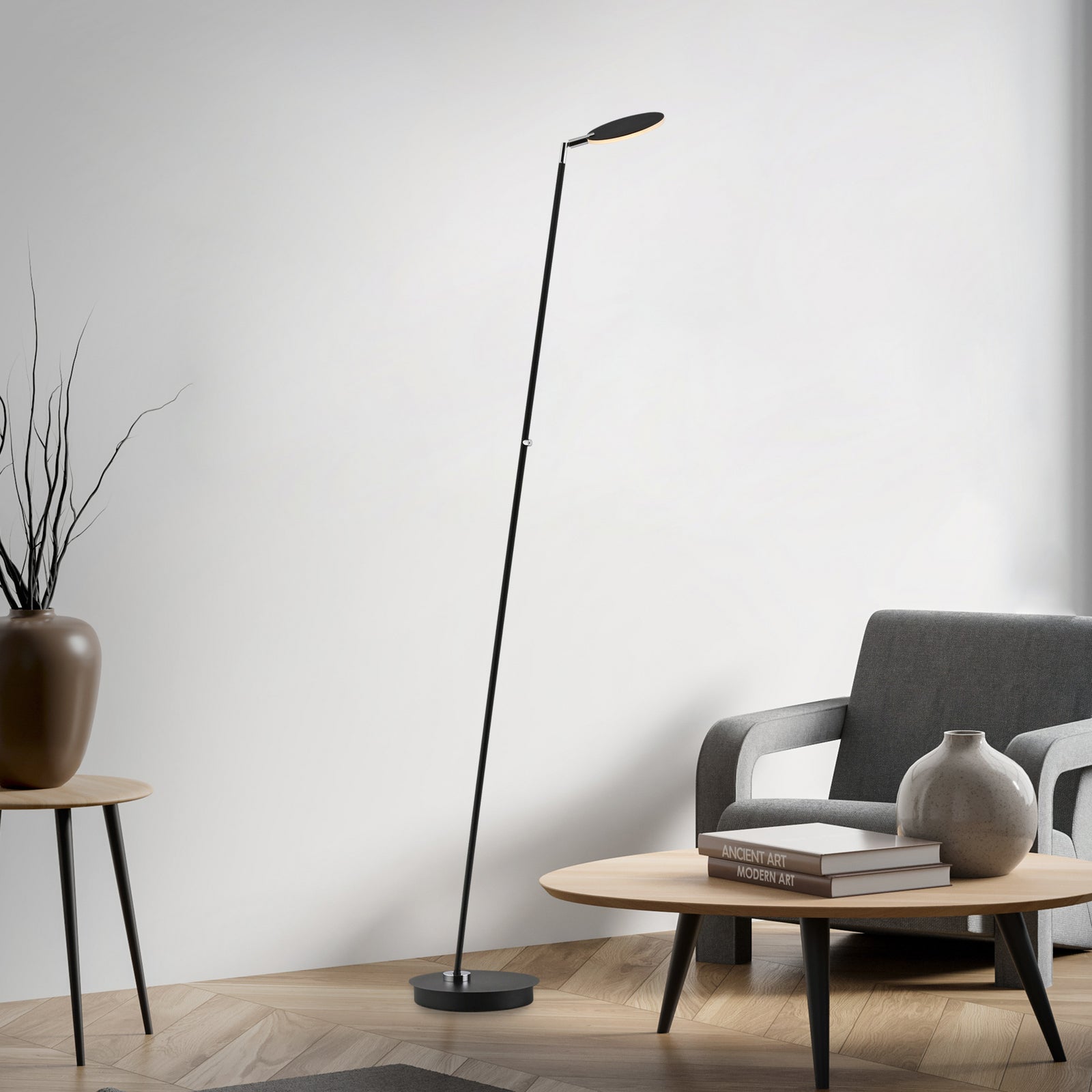 LED gulvlampe Akku-Bente dimbar svart CCT USB-C Paul Neuhaus forfra