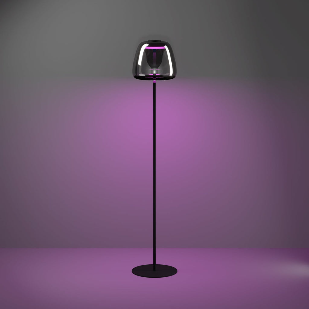 LED gulvlampe Alfero-Z svart krom glass RGB CCT dimbar lysfunksjon