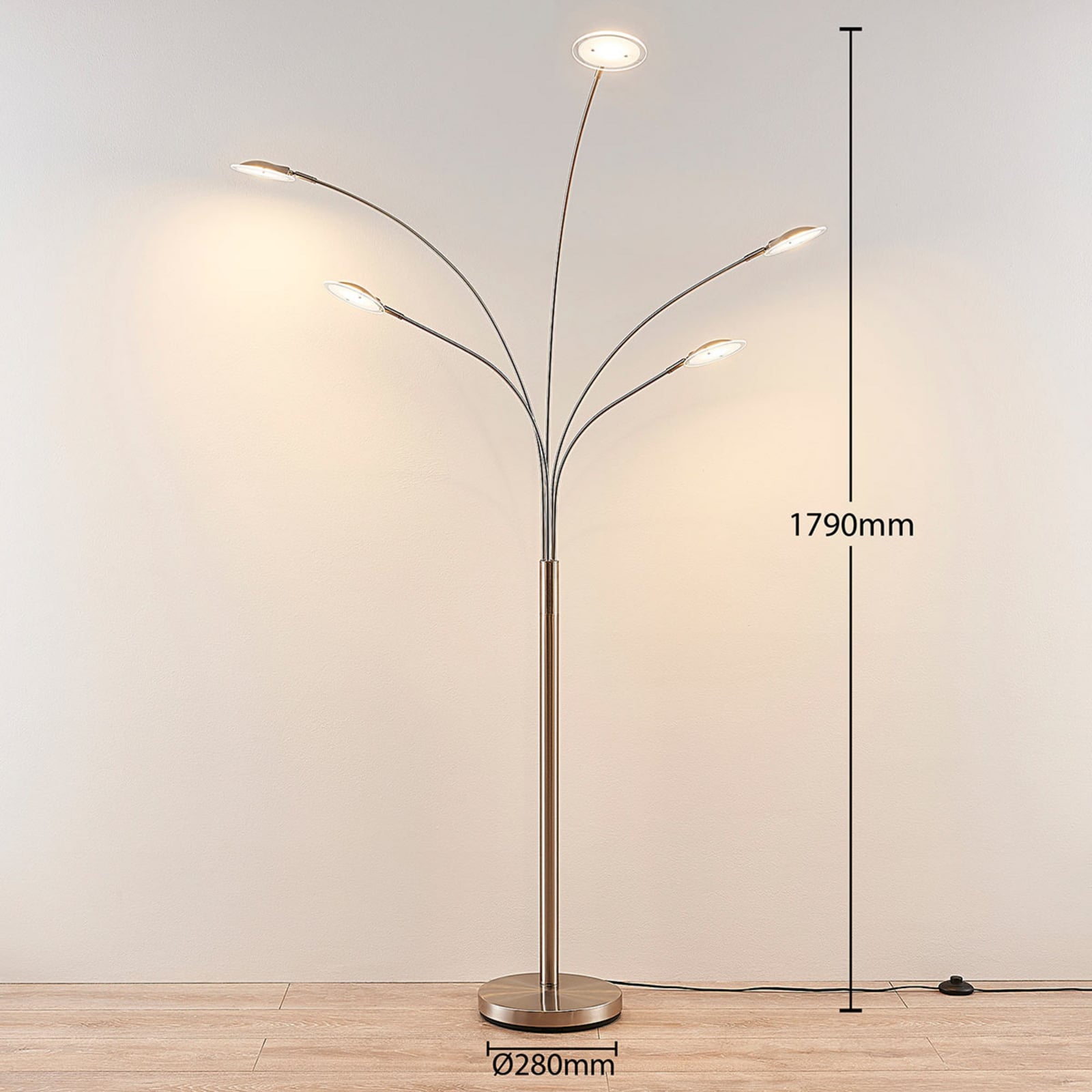 LED gulvlampe Anea 5-lys matt nikkel glass nærbilde av fotbryter