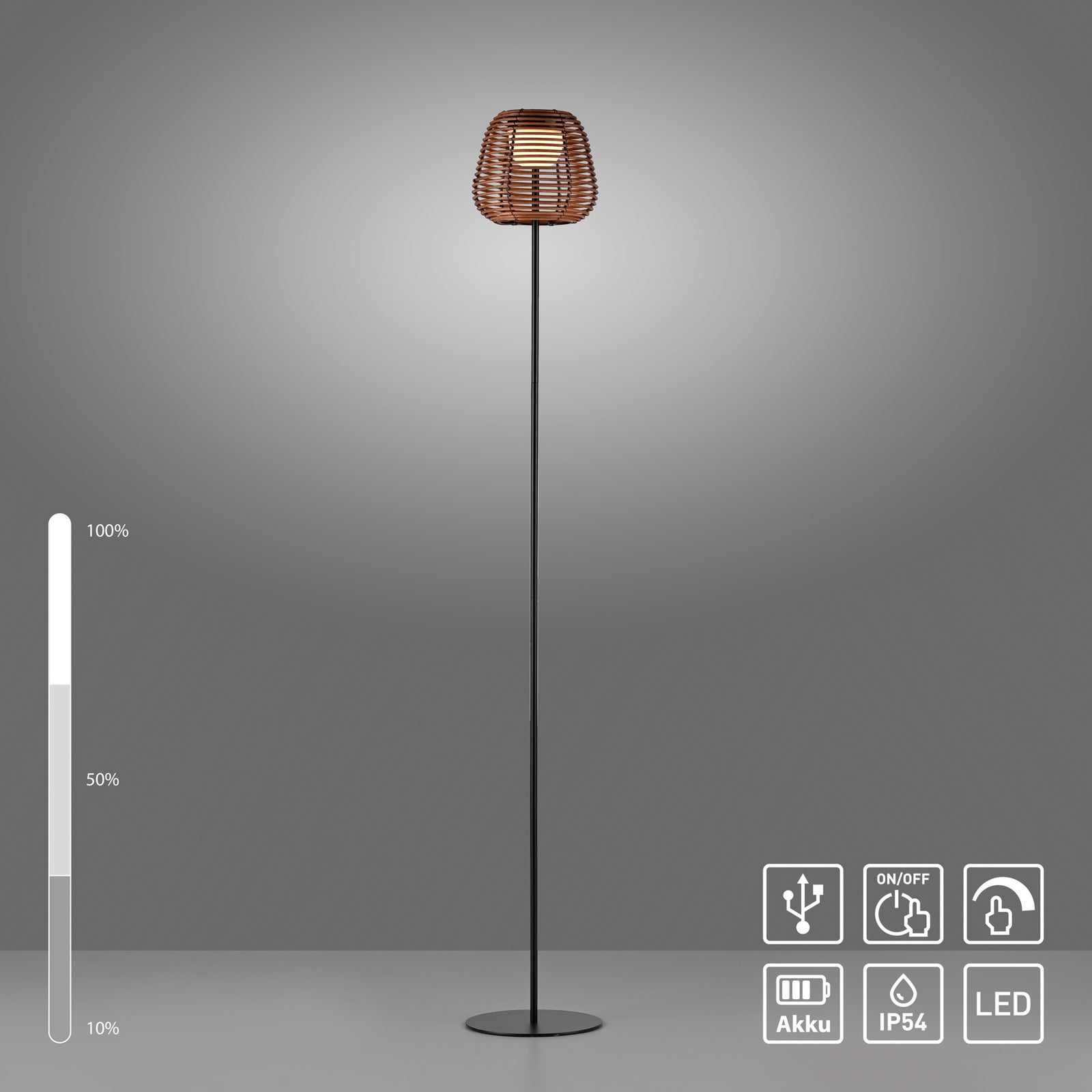LED gulvlampe Askia oppladbar rotting dimbar IP54 sideprofil