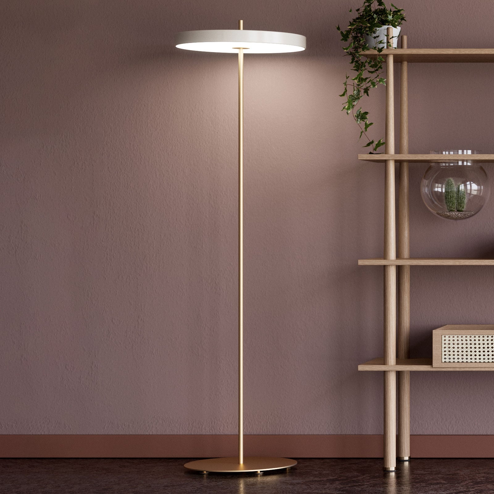 LED gulvlampe Asteria Floor dimbar hvit/gull forfra
