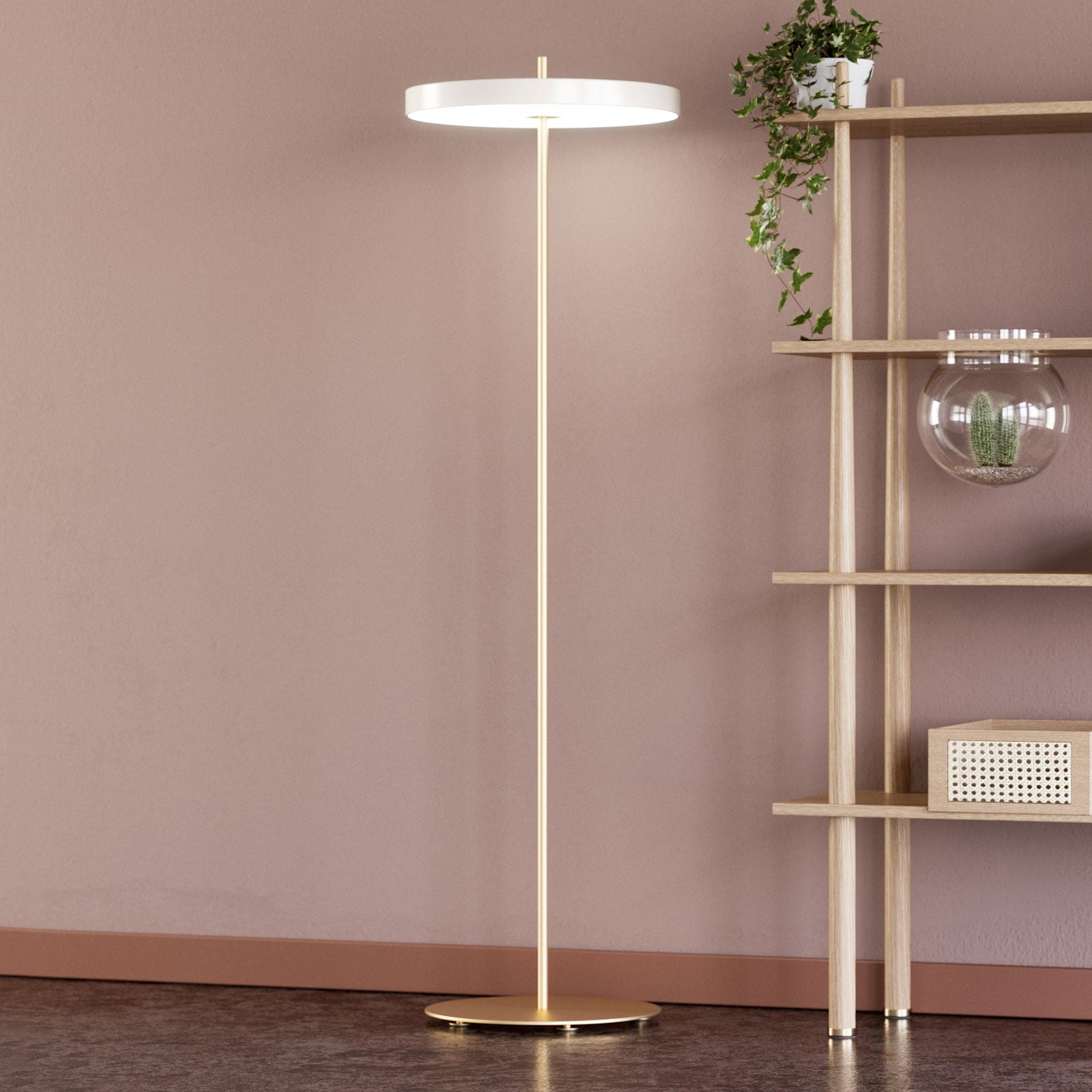 LED gulvlampe Asteria Floor dimbar hvit/gull nærbilde av lampeskjerm