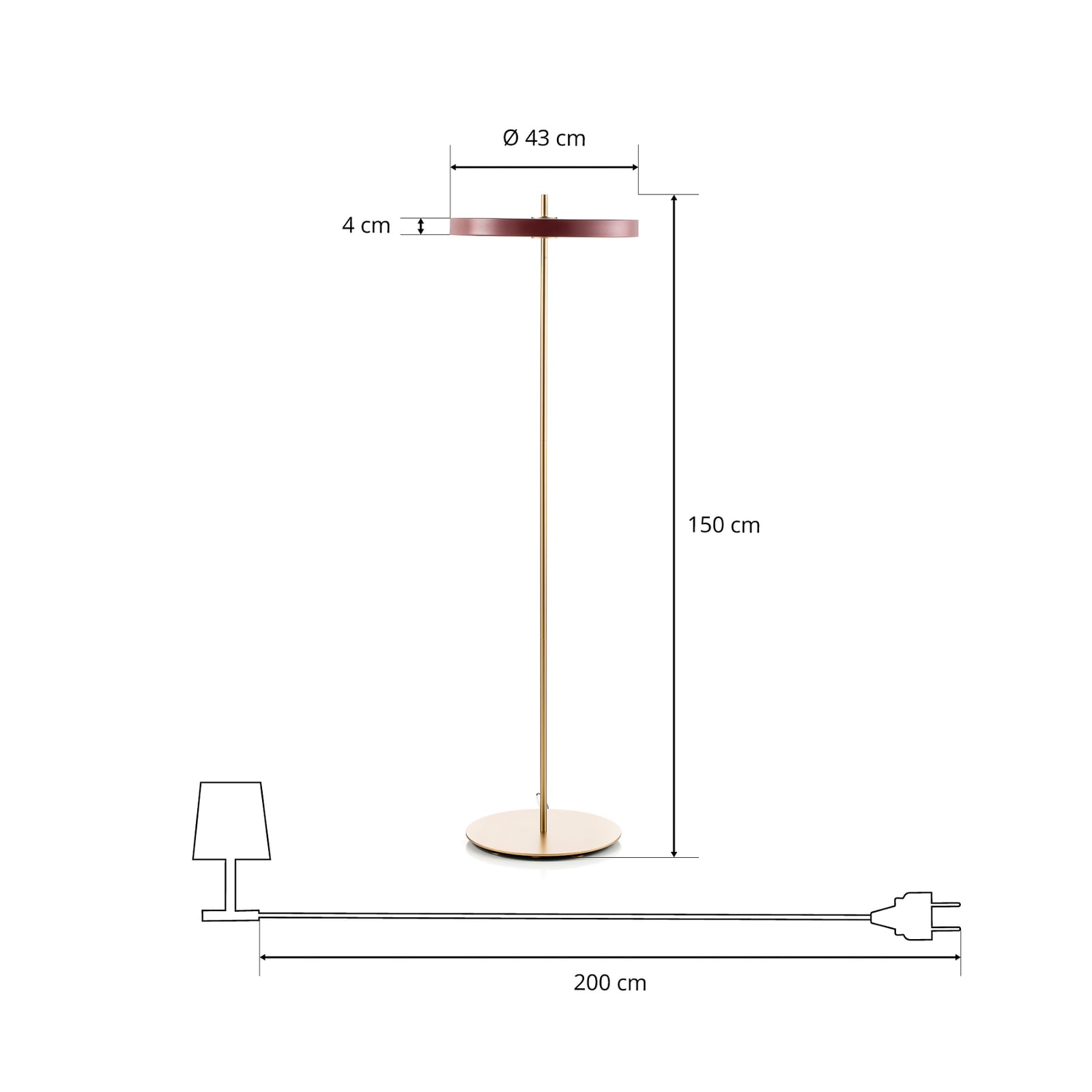 LED gulvlampe Asteria Floor dimbar rubinrød sideprofil