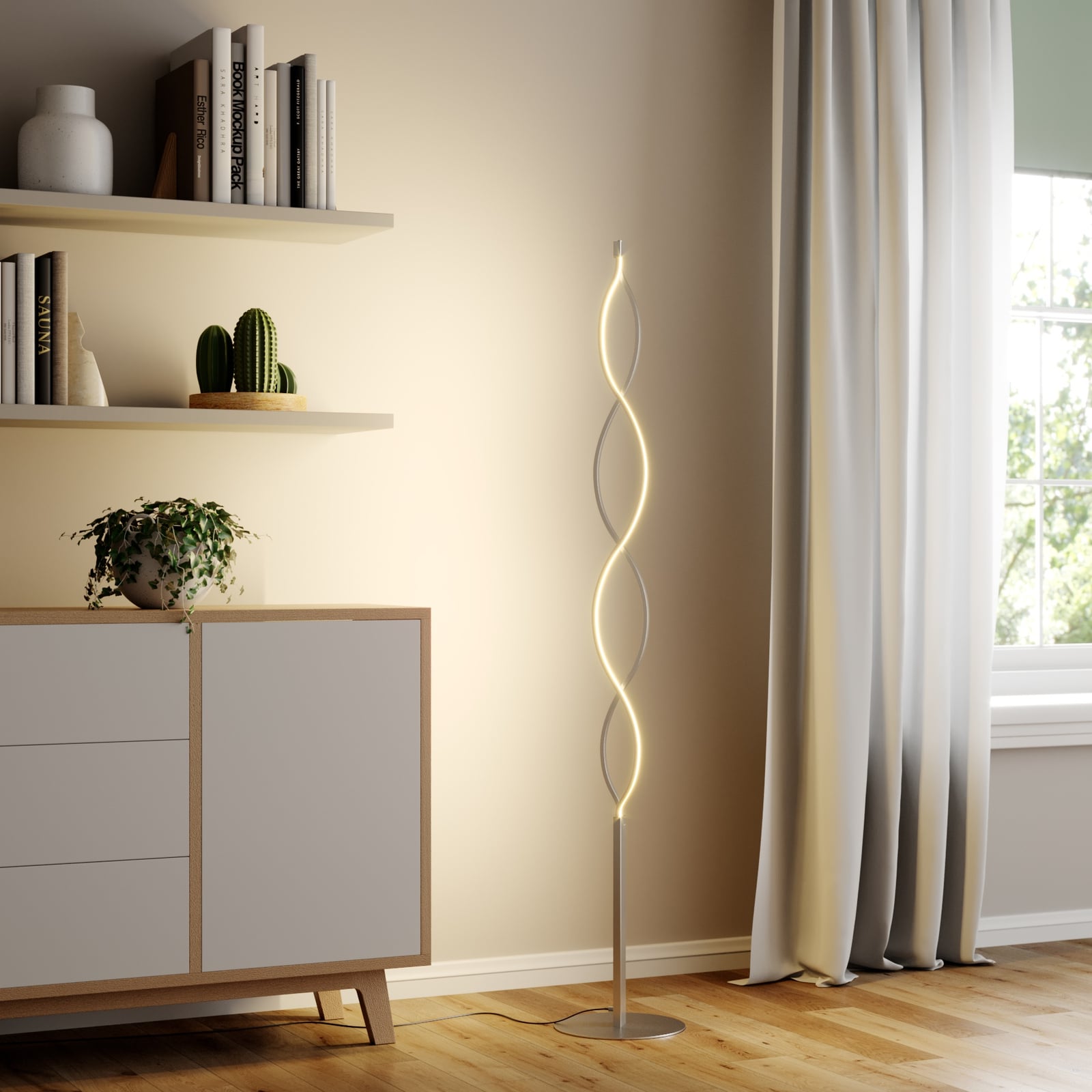 LED gulvlampe Auron nikkel bølgeformet dimbar 150 cm bakside