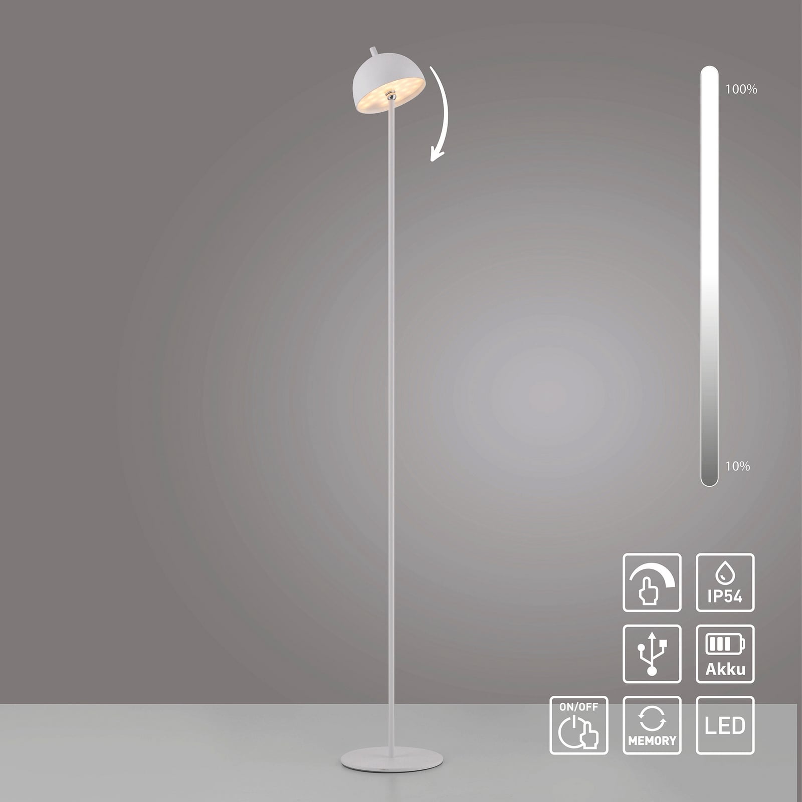 LED gulvlampe Bellies oppladbar dimbar hvit IP54 med silikonring