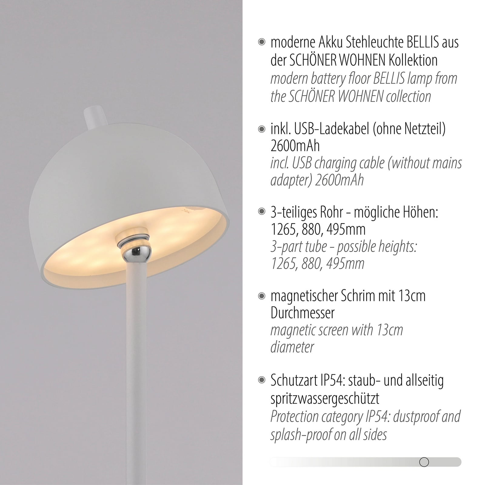 LED gulvlampe Bellies oppladbar dimbar hvit IP54 på terrasse