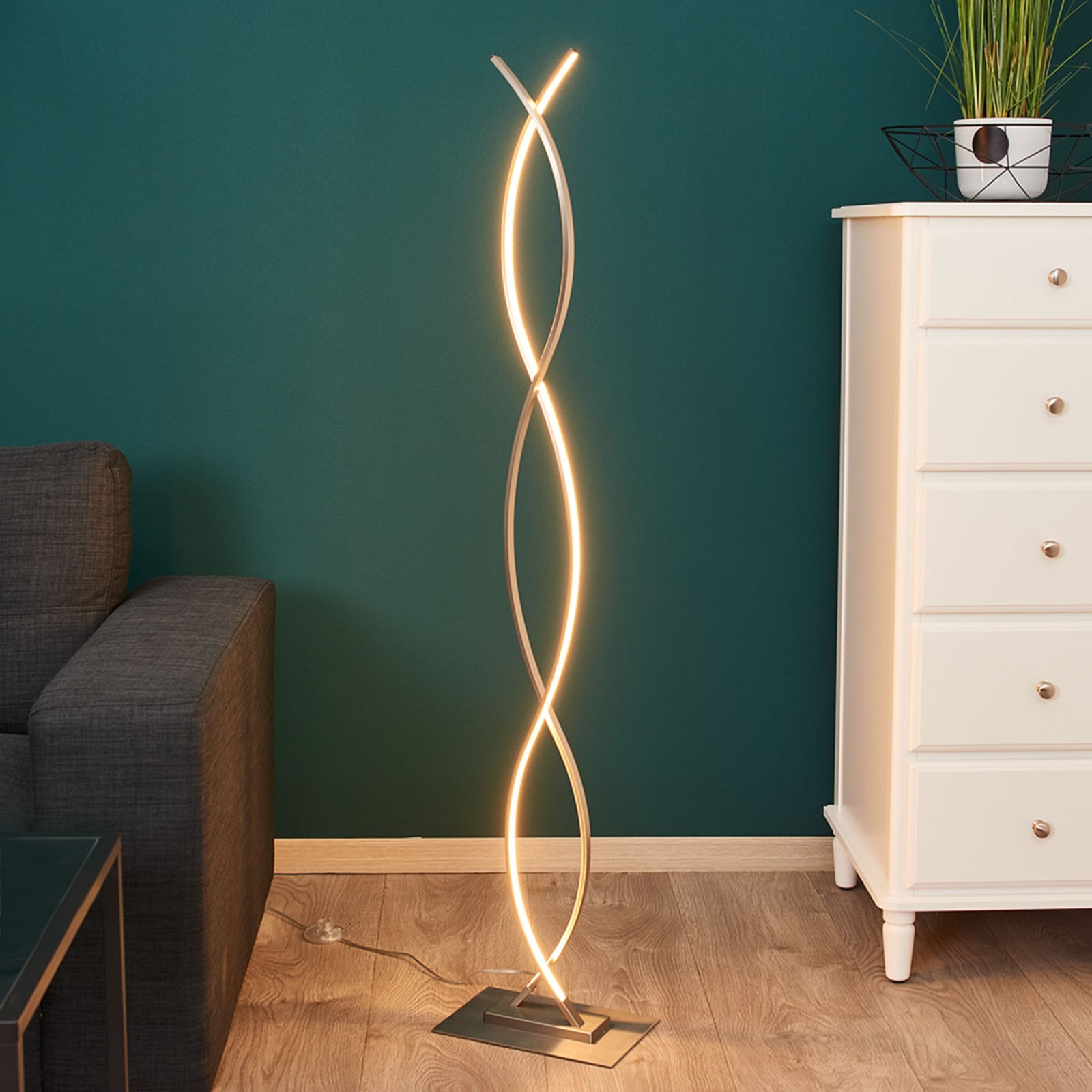 LED-gulvlampe Bobi matt nikkel aluminium forfra
