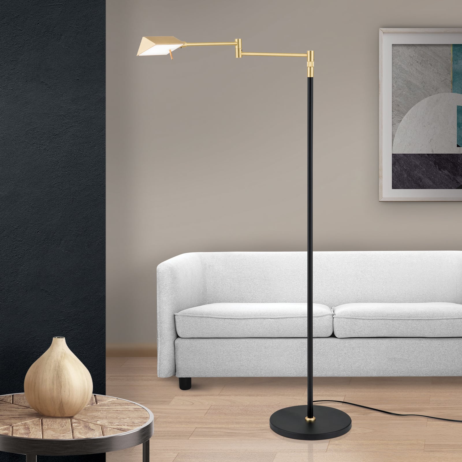 LED gulvlampe Boston berøringsdimmer svart/messing 147 cm forfra