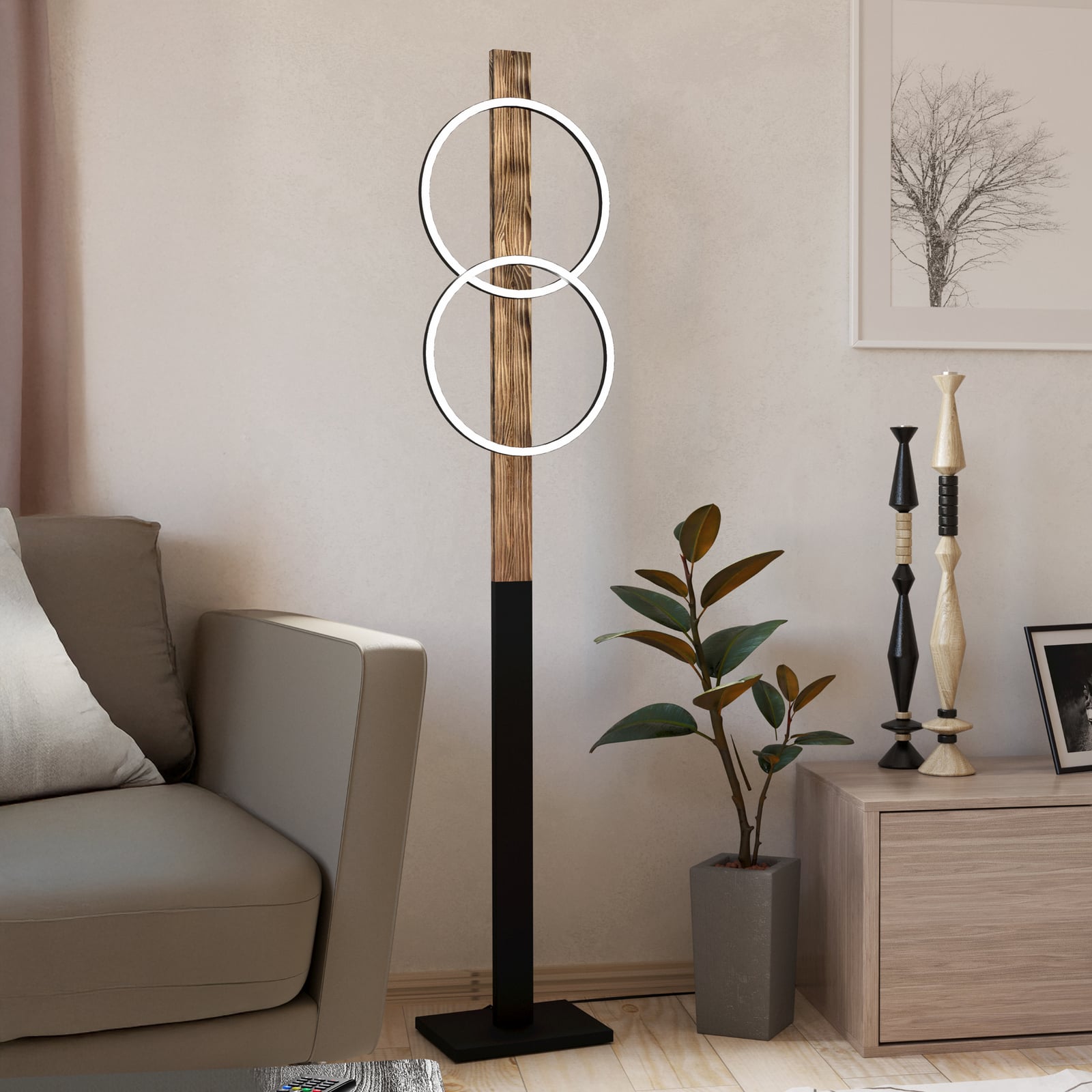 LED gulvlampe Boyal tre/stål brun 2-lys 150 cm 3000K forfra