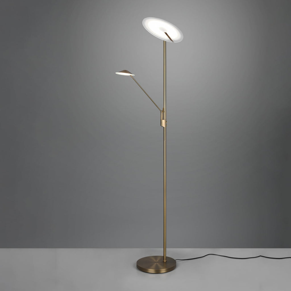 LED-gulvlampe Brantford med leselampe altmessing CCT dimmer kontroll