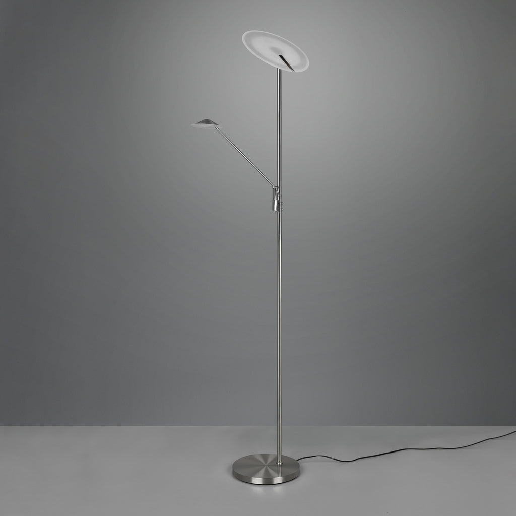 LED gulvlampe Brantford med leselampe matt nikkel lys på