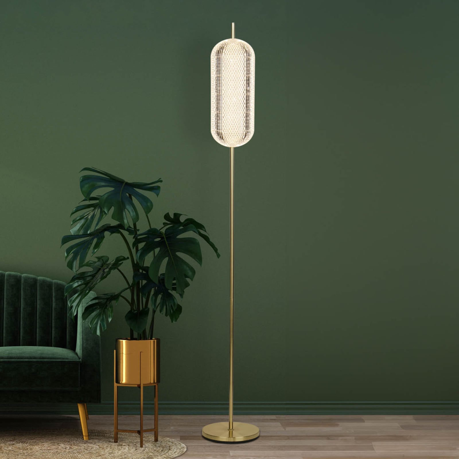 LED-gulvlampe Capsule messingfarget akryl dimbar 154 cm forfra