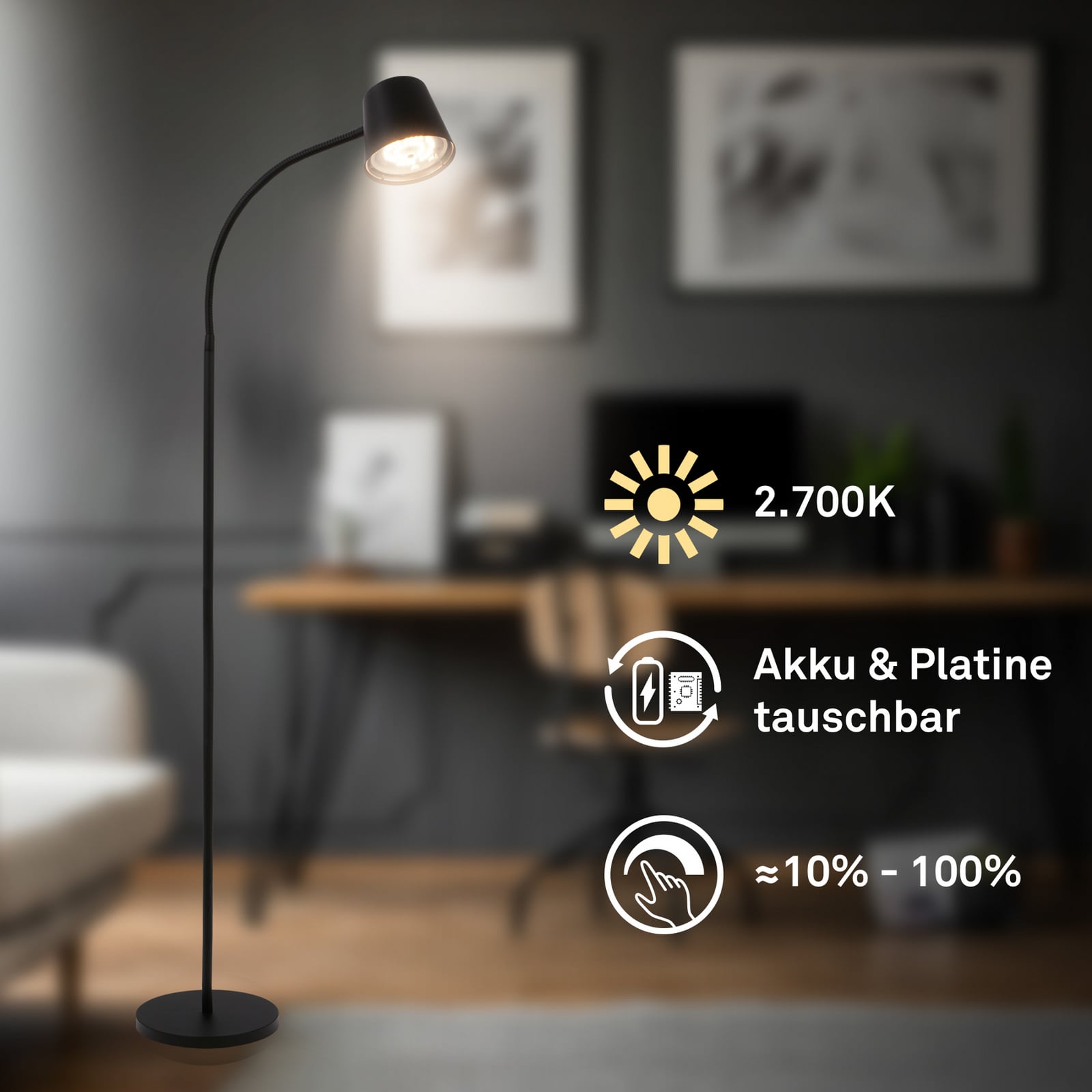LED gulvlampe Cielo oppladbar dimbar svart 126 cm forfra