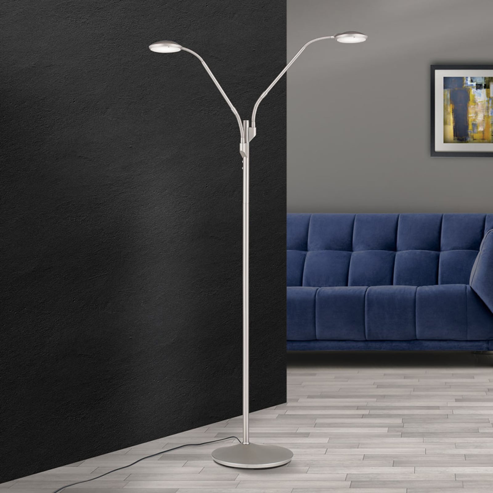 LED gulvlampe Cobra 2-lys dimbar matt nikkel forfra