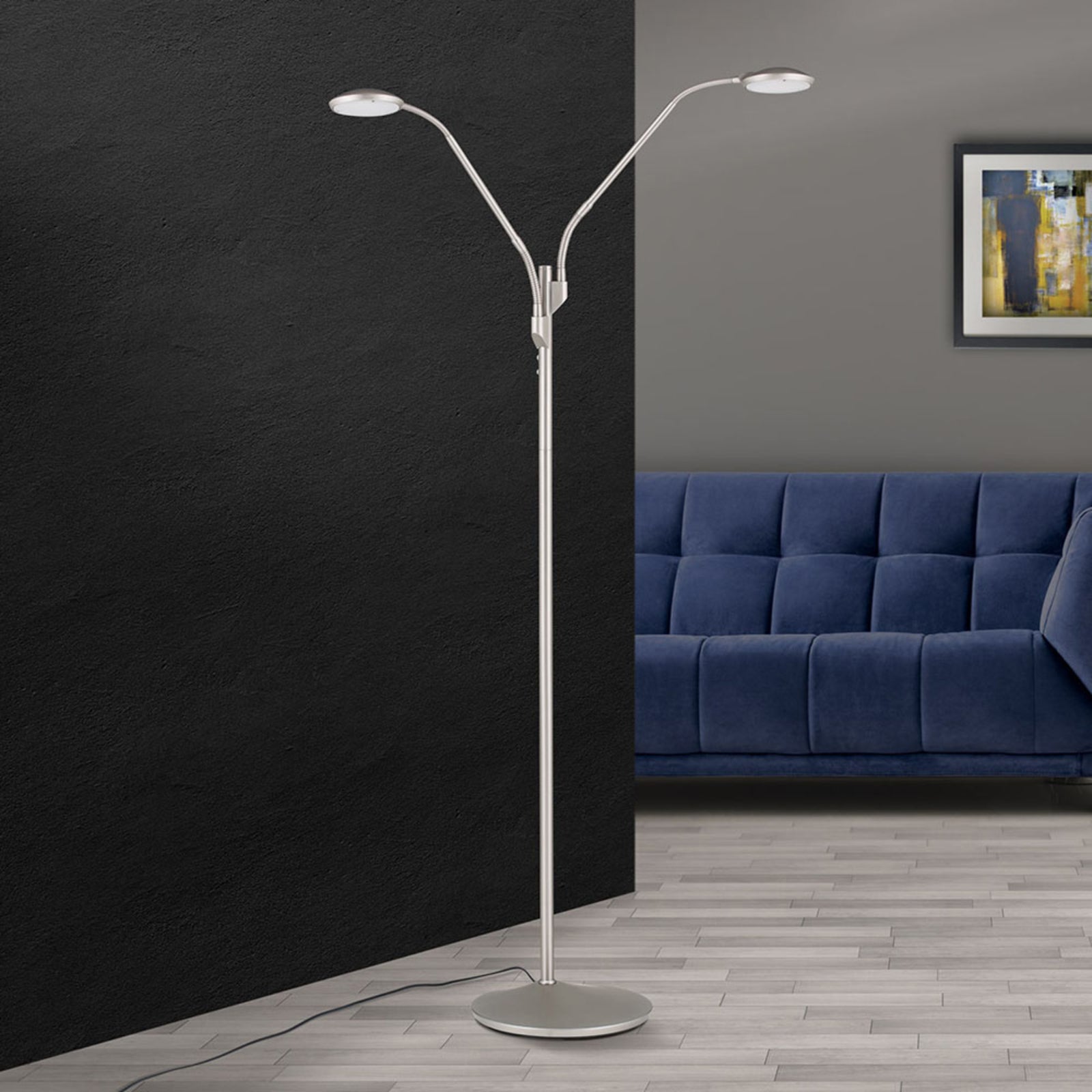 LED gulvlampe Cobra 2-lys dimbar matt nikkel bakside