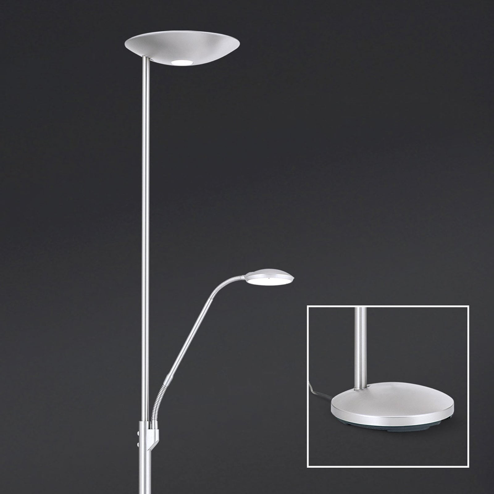 LED gulvlampe Cobra med leselampe matt nikkel detalj av svanehals