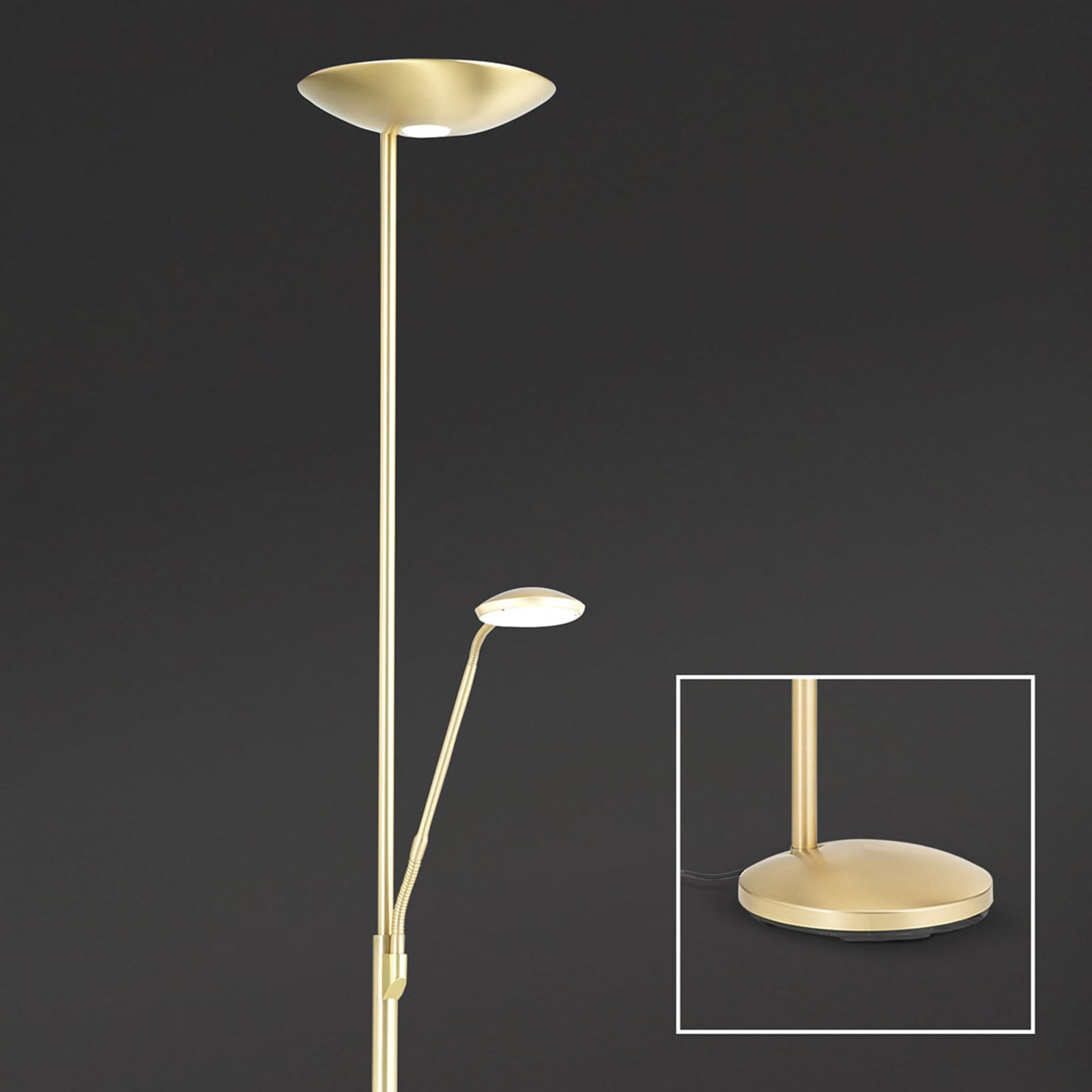 Detalj av LED gulvlampe Cobra med leselampe dimbar CCT messing