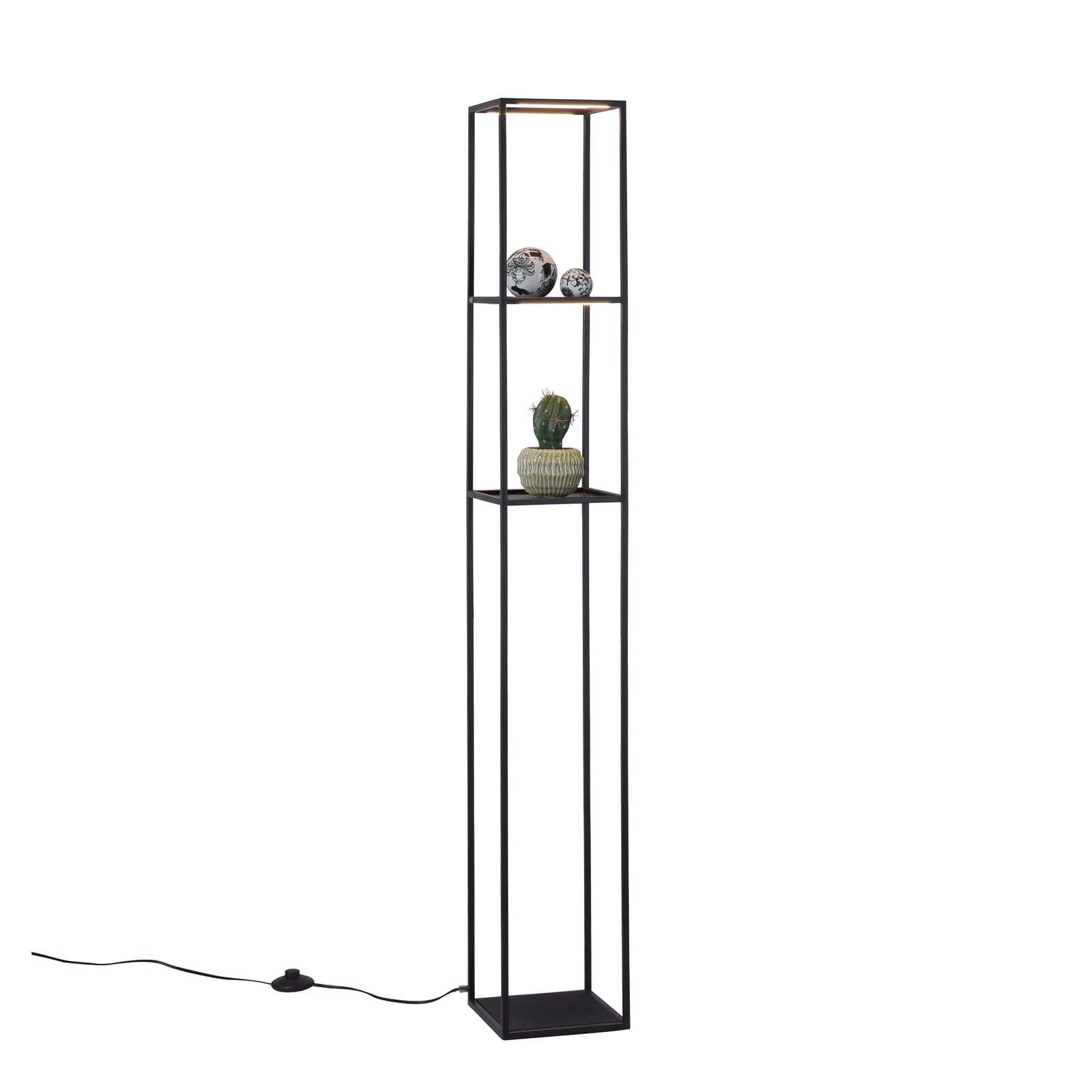 Detalj av hyllene på LED gulvlampe Contura dimbar matt svart 140 cm