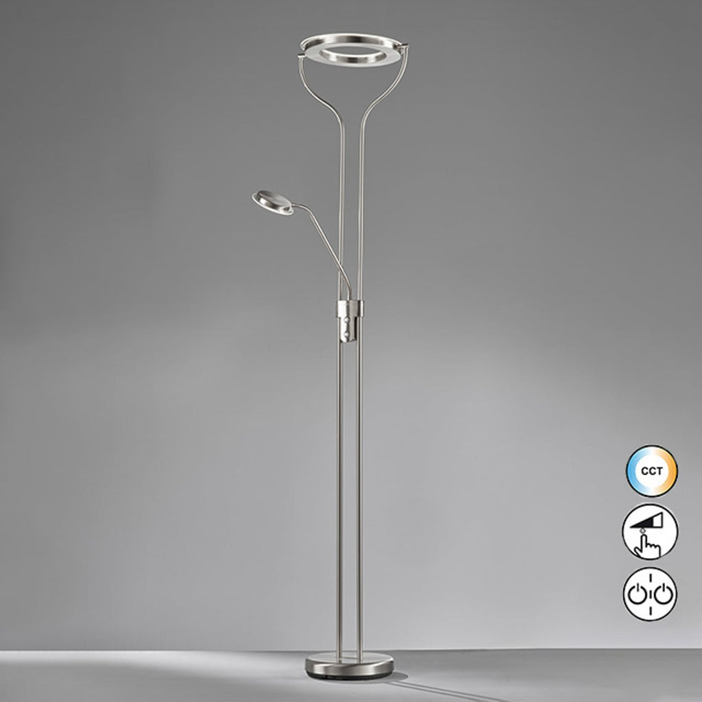 Detalj av LED gulvlampe Davos matt nikkel dimbar CCT bryter og leselys