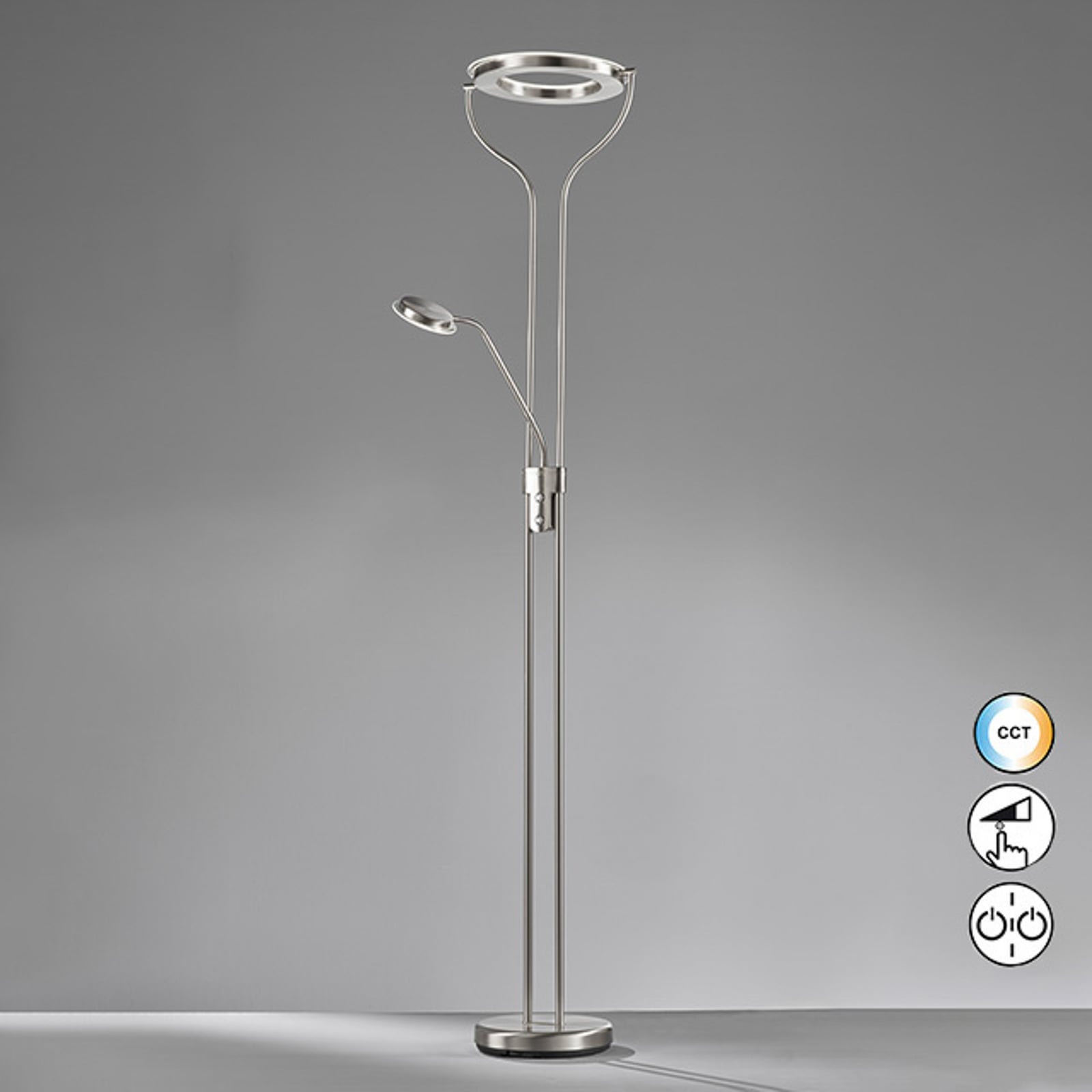 Detalj av LED gulvlampe Davos matt nikkel dimbar CCT bryter og leselys