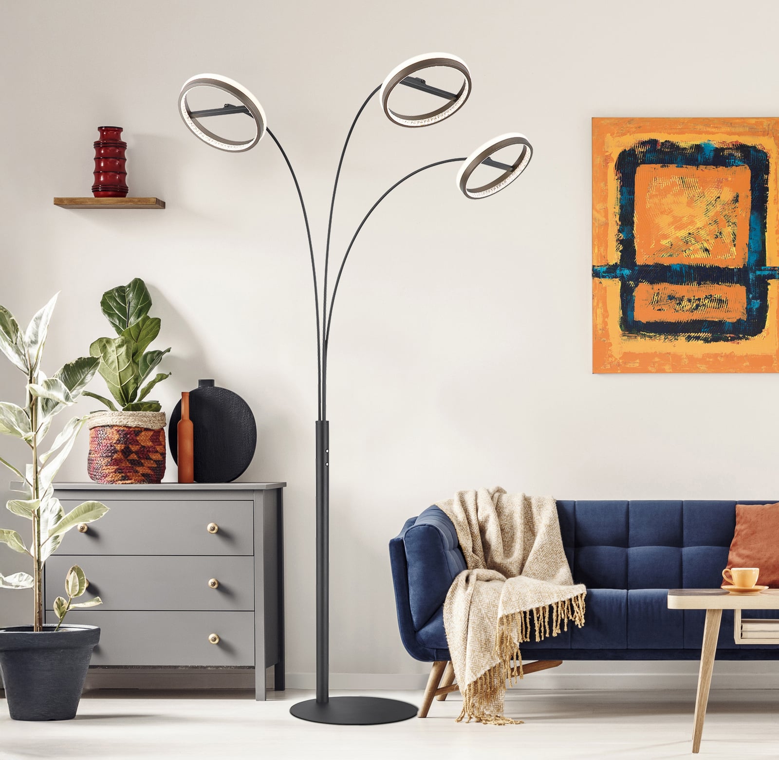 LED gulvlampe Della 3-lys svart/mørkegrå 190 cm sett forfra