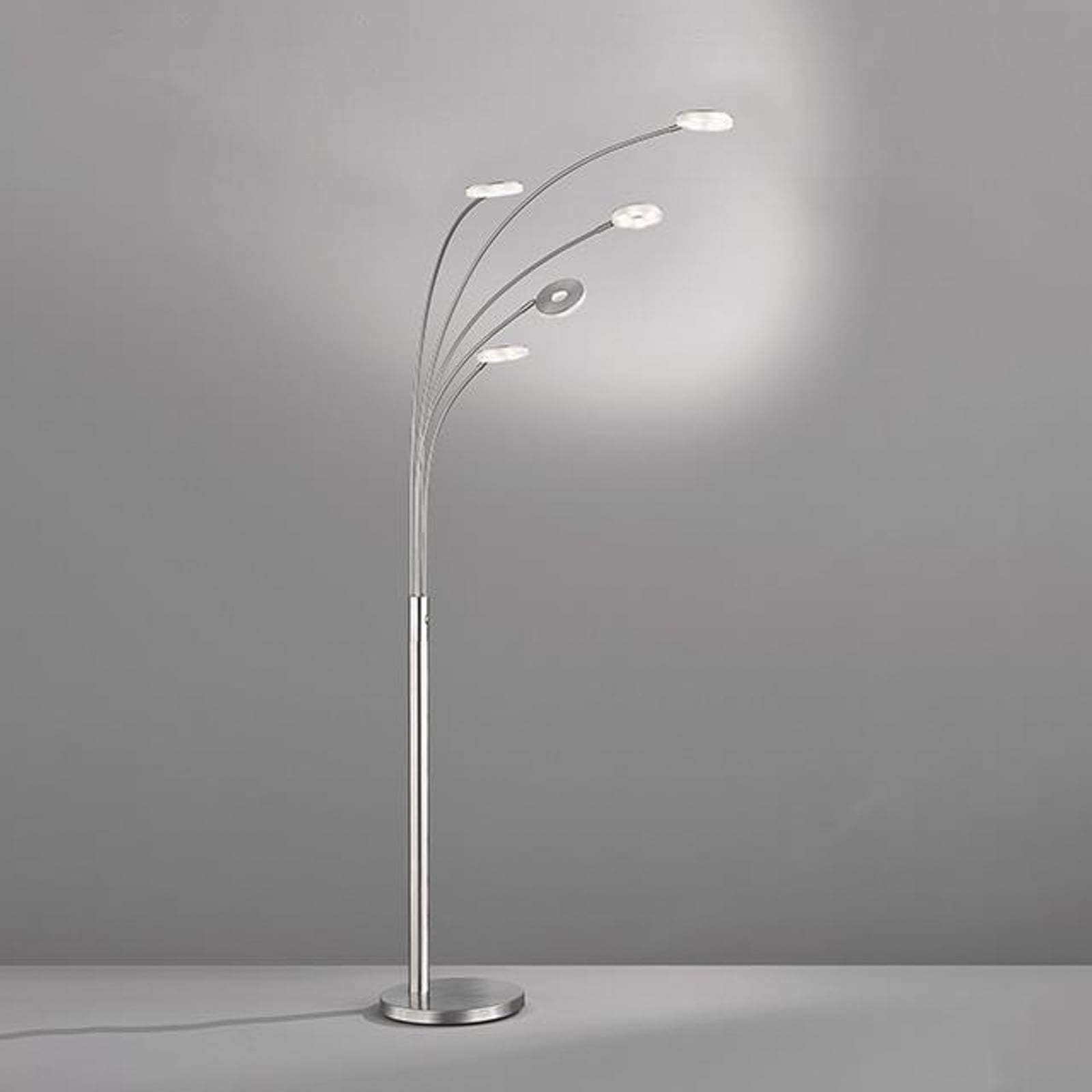 LED gulvlampe Dent 5-lys matt nikkel/krom nærbilde av dimmer