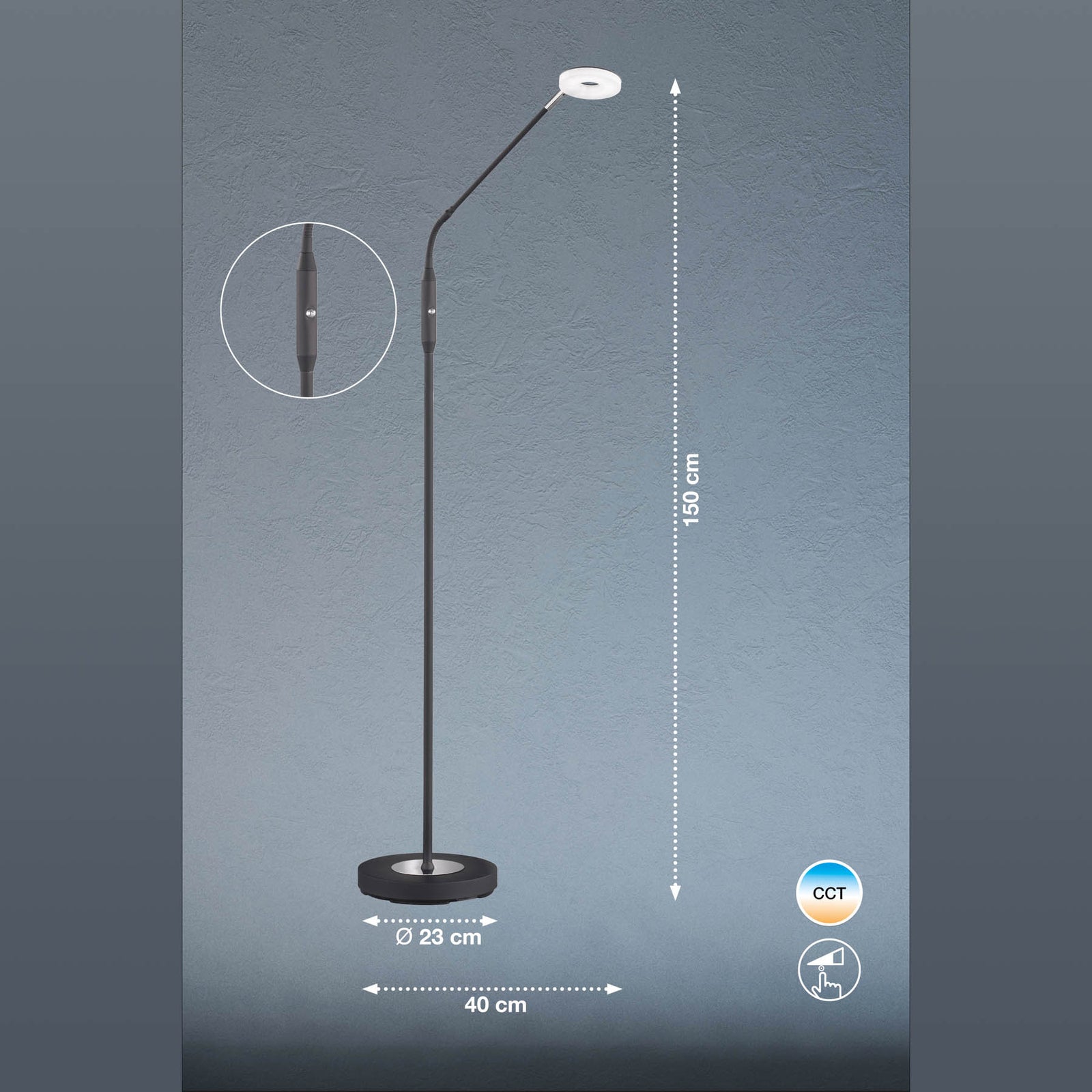 Detalj av LED gulvlampe Dent dimbar CCT svart 150 cm 6W