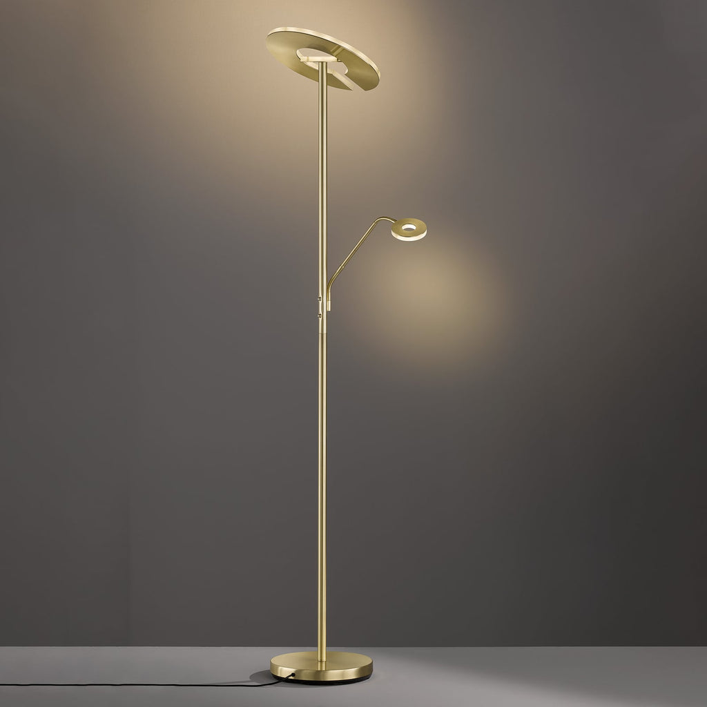 Bakside av LED gulvlampe Dent med lesearm CCT dimbar messing 180 cm