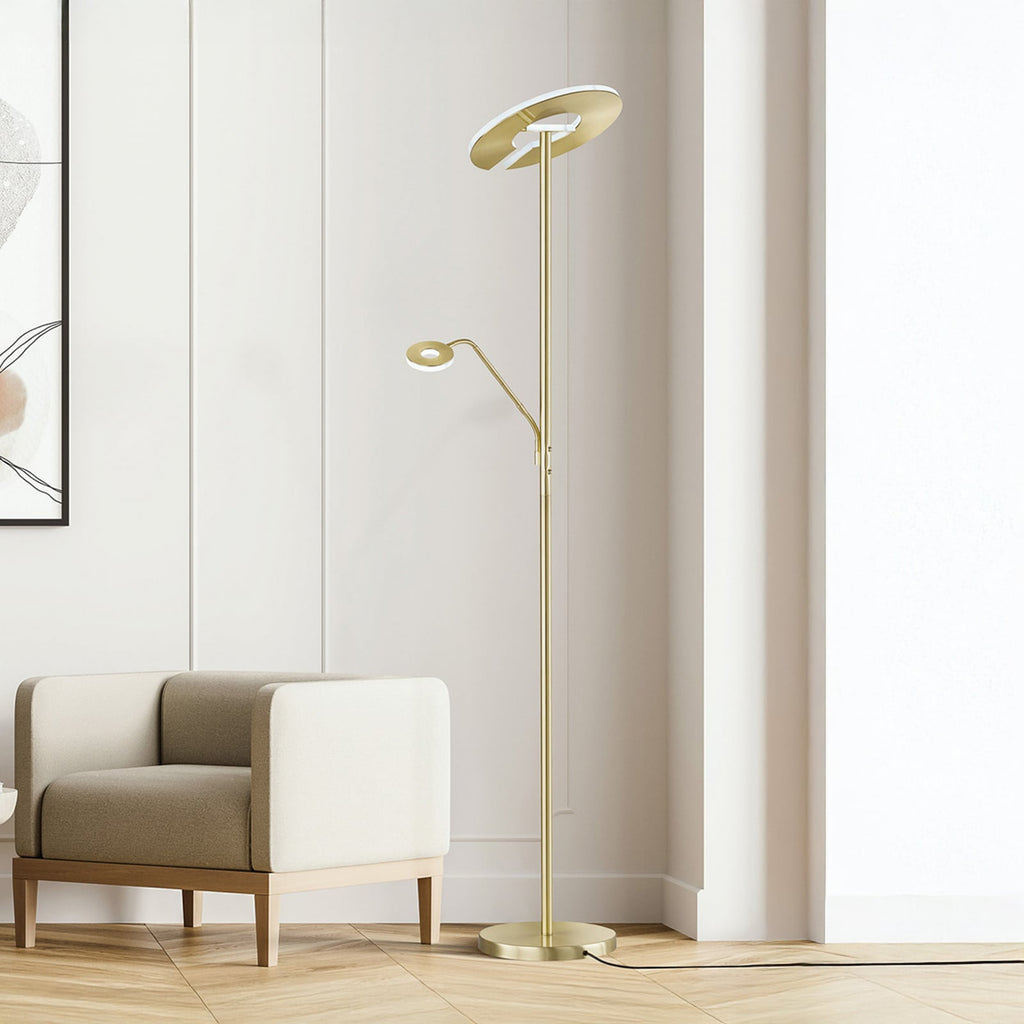 LED gulvlampe Dent med lesearm CCT dimbar messing 180 cm forfra