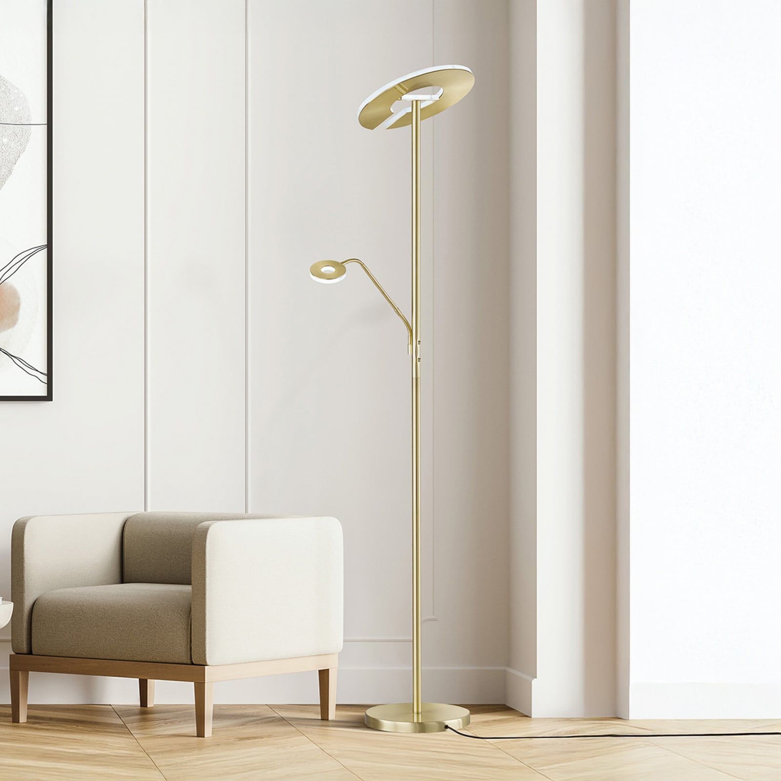 LED gulvlampe Dent med lesearm CCT dimbar messing 180 cm forfra