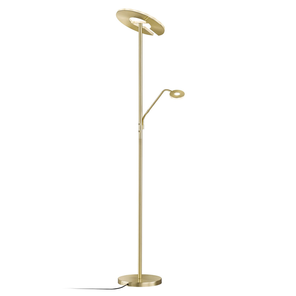 Metallramme med messingfinish på LED gulvlampe Dent med lesearm CCT dimbar messing 180 cm