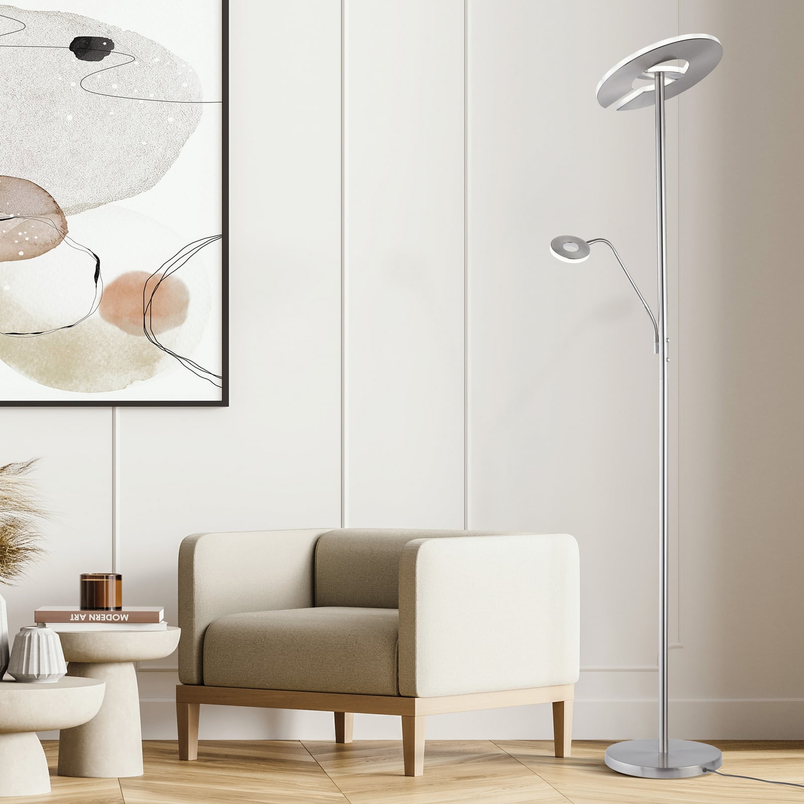 LED gulvlampe Dent med lesearm CCT dimbar nikkel justerbar lesearm