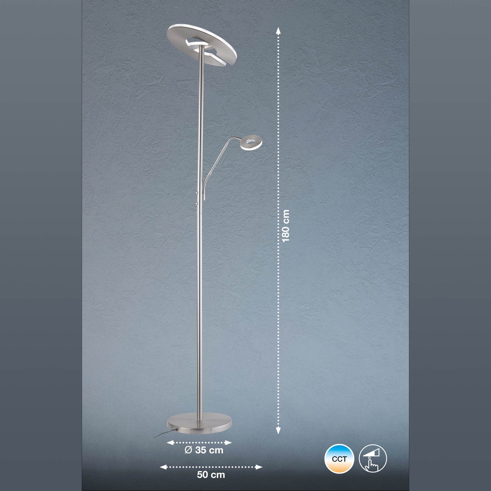 LED gulvlampe Dent med lesearm CCT dimbar nikkel detalj av nikkelfinish