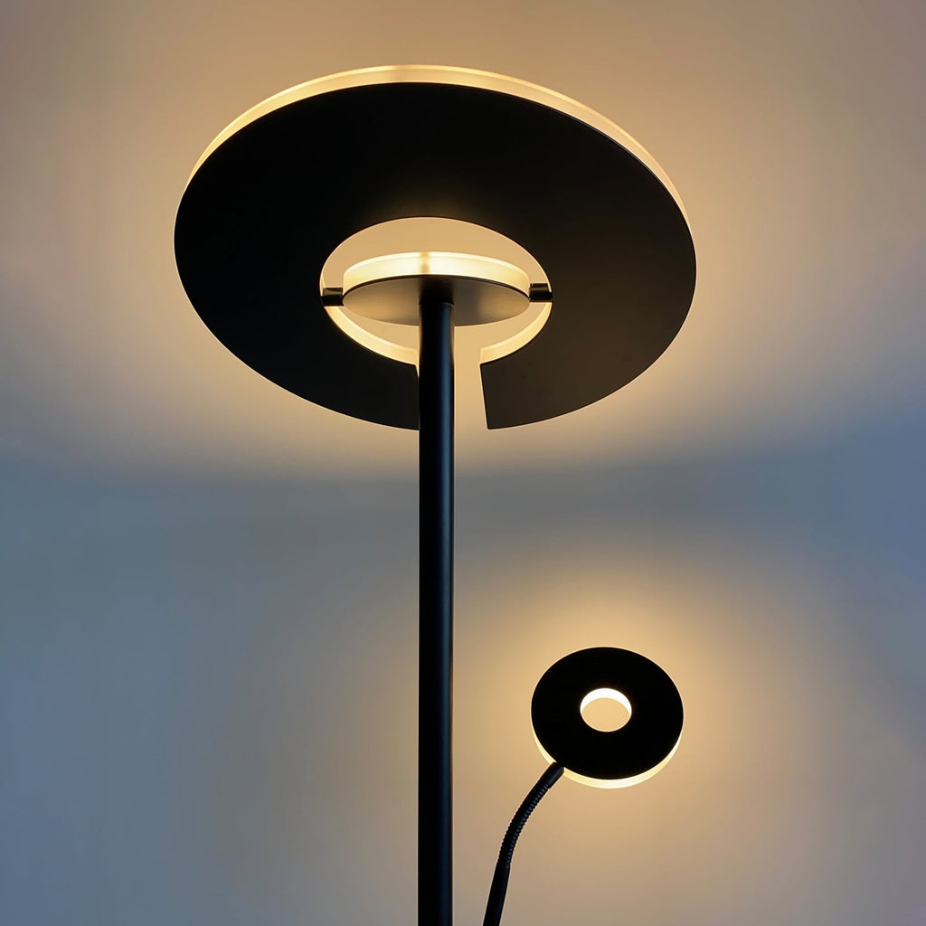 LED gulvlampe Dent med lesearm CCT dimbar svart sett fra siden