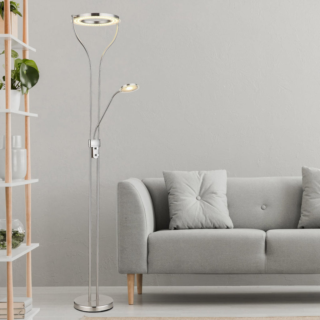 LED gulvlampe Ebro med leselys dimbar nikkel forfra