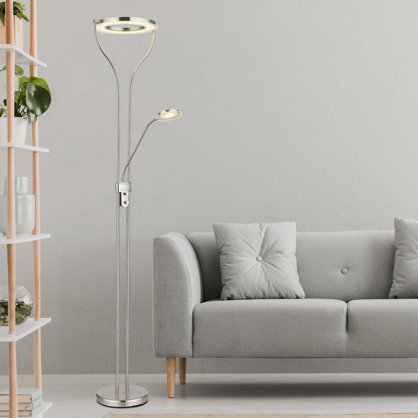 LED gulvlampe Ebro med leselys dimbar nikkel forfra