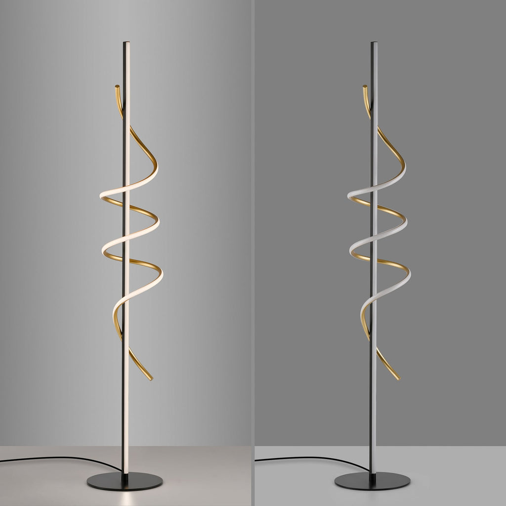 Visning av lampens slanke sorte stang og messingspiral på LED gulvlampe Emanda dimbar svart-messing 144 cm