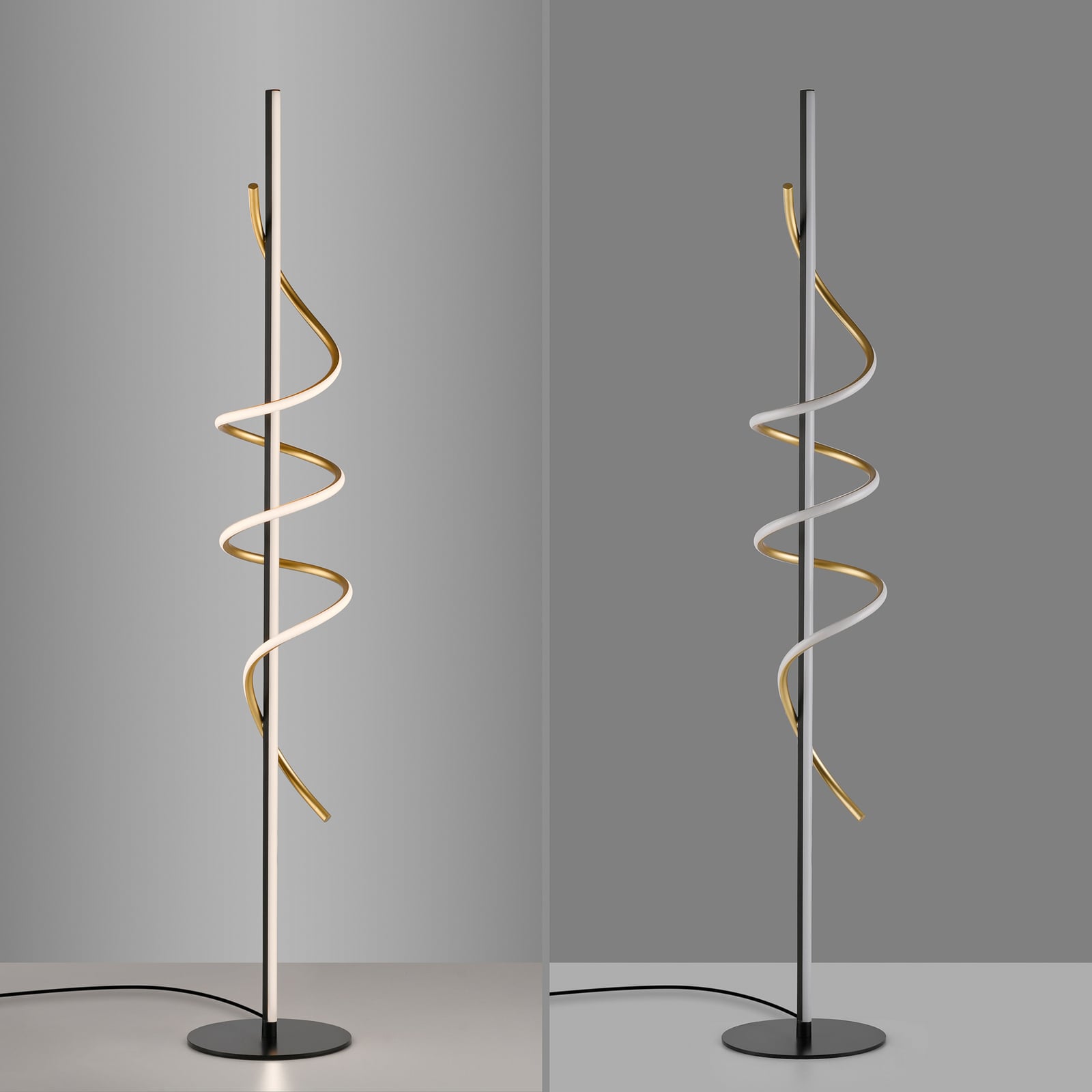 Visning av lampens slanke sorte stang og messingspiral på LED gulvlampe Emanda dimbar svart-messing 144 cm
