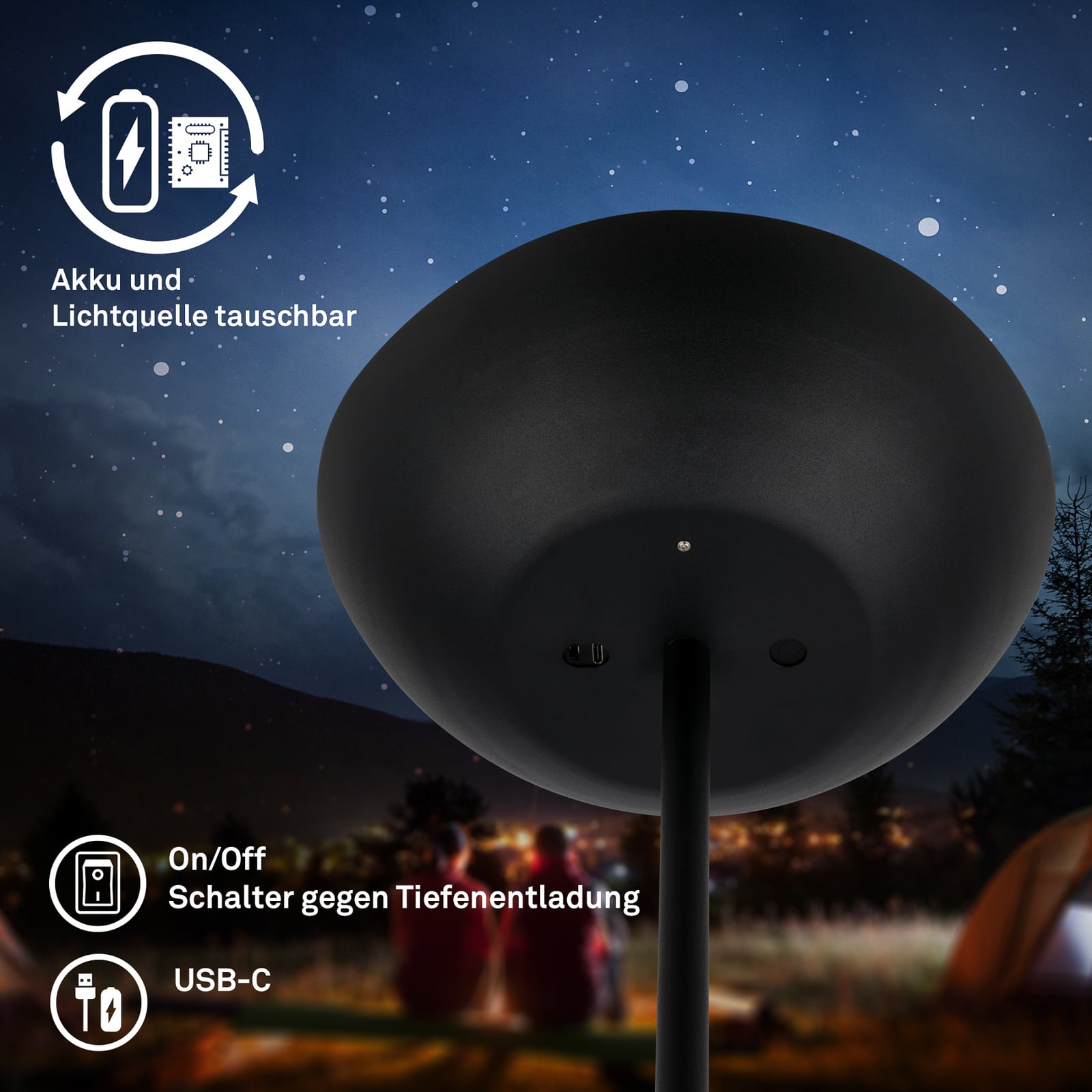 LED gulvlampe Estate oppladbar dimbar svart H170 cm nærbilde av lampehode