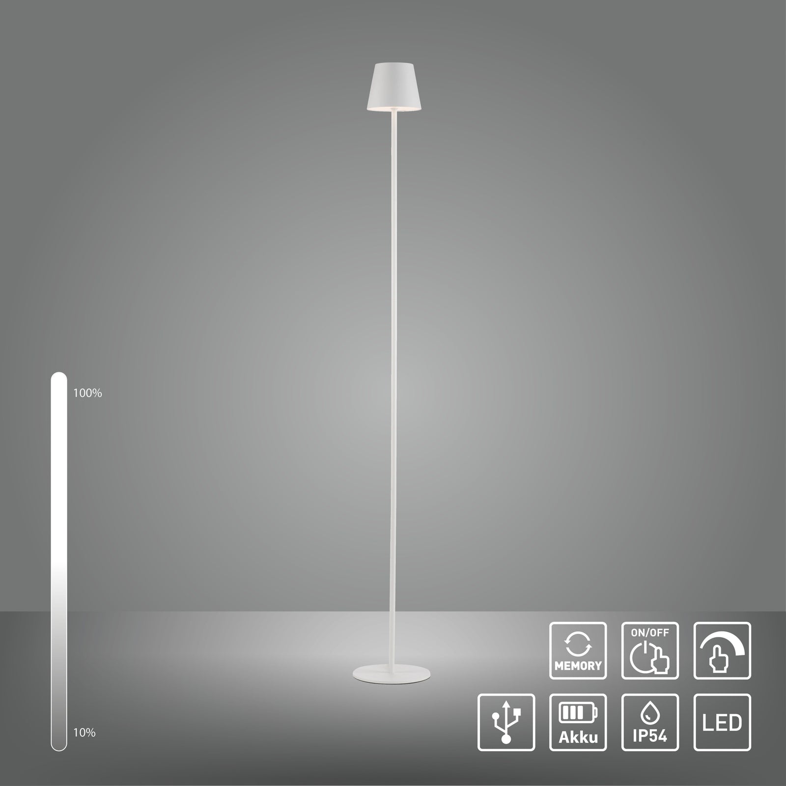 LED gulvlampe Euria oppladbar dimbar hvit IP54 sideprofil