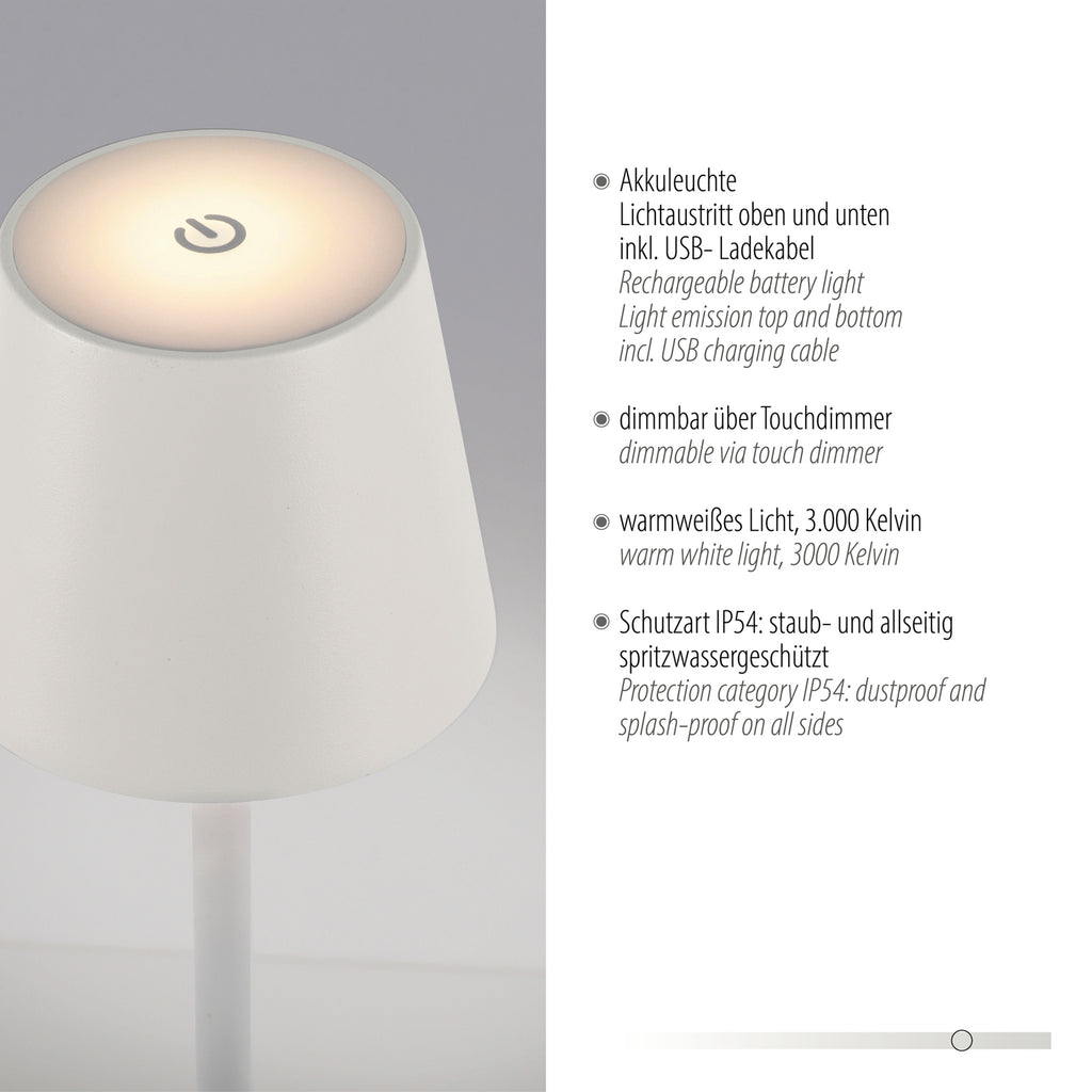LED gulvlampe Euria oppladbar dimbar hvit IP54 USB ladekabel inkludert