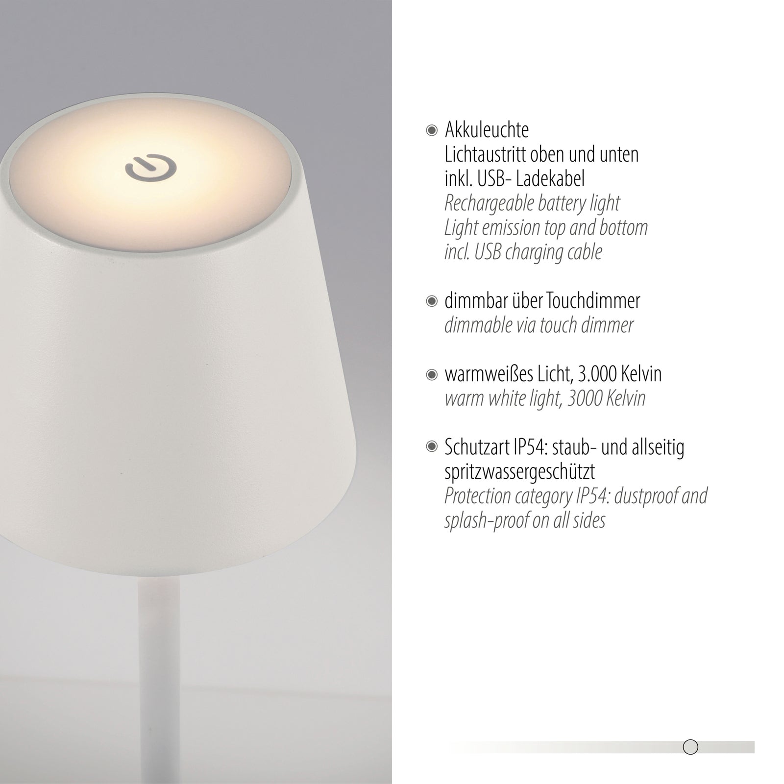 LED gulvlampe Euria oppladbar dimbar hvit IP54 USB ladekabel inkludert
