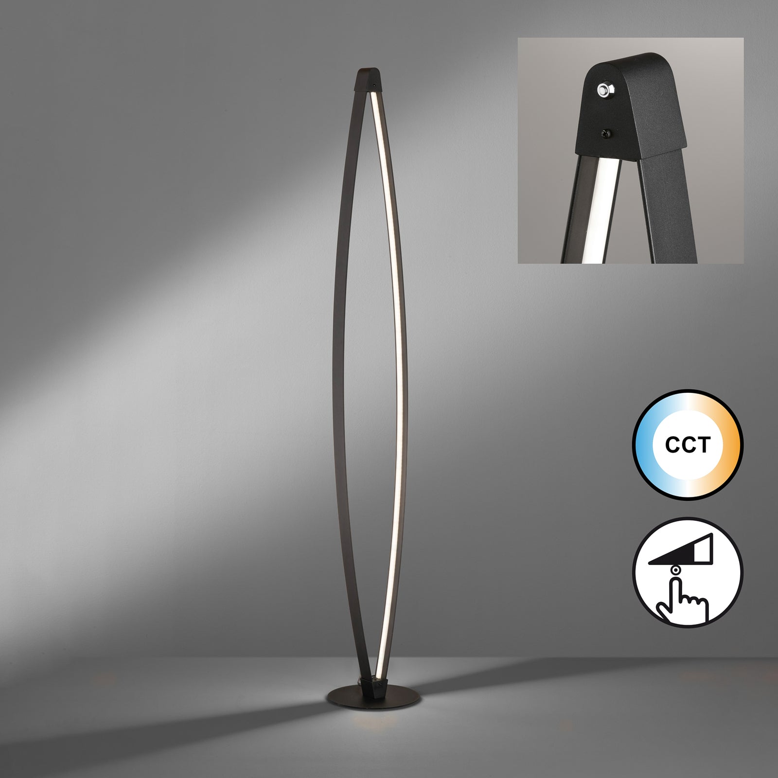 LED gulvlampe Fenga dimbar CCT svart 145 cm detalj av touchdimmer