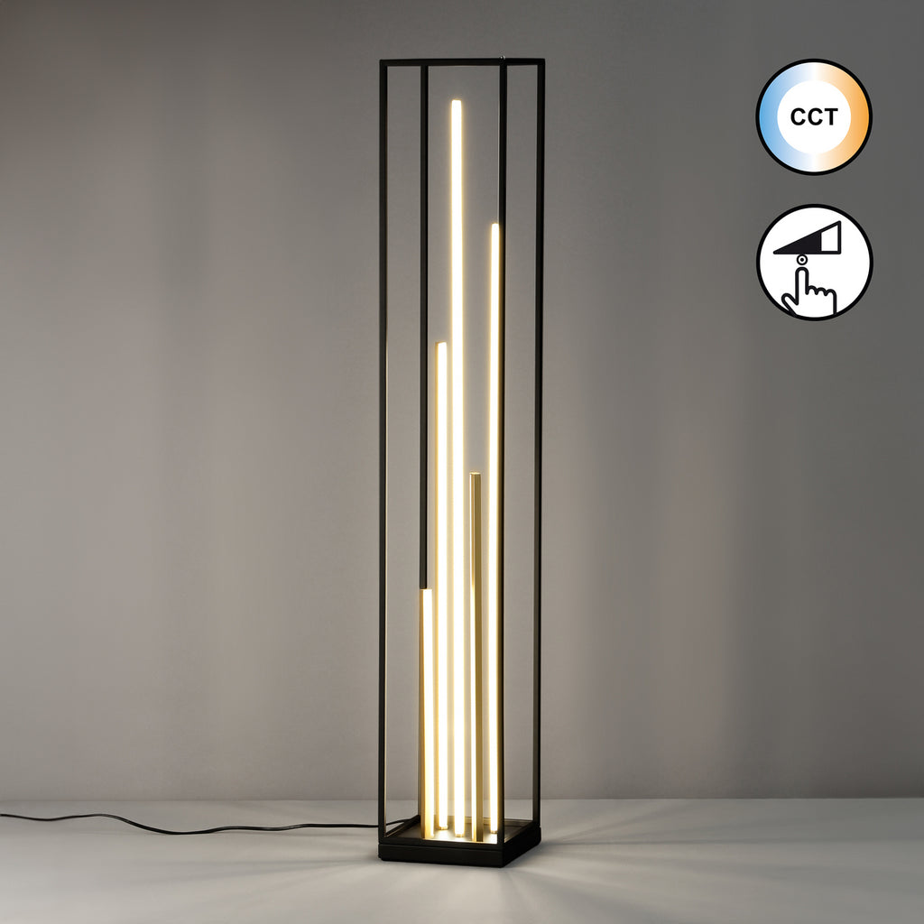 Nærbilde av LED gulvlampe Grid dimbar svart og gull