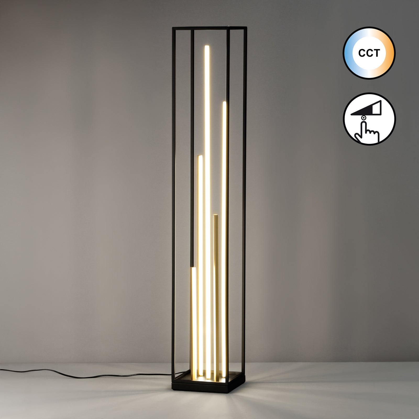 Nærbilde av LED gulvlampe Grid dimbar svart og gull
