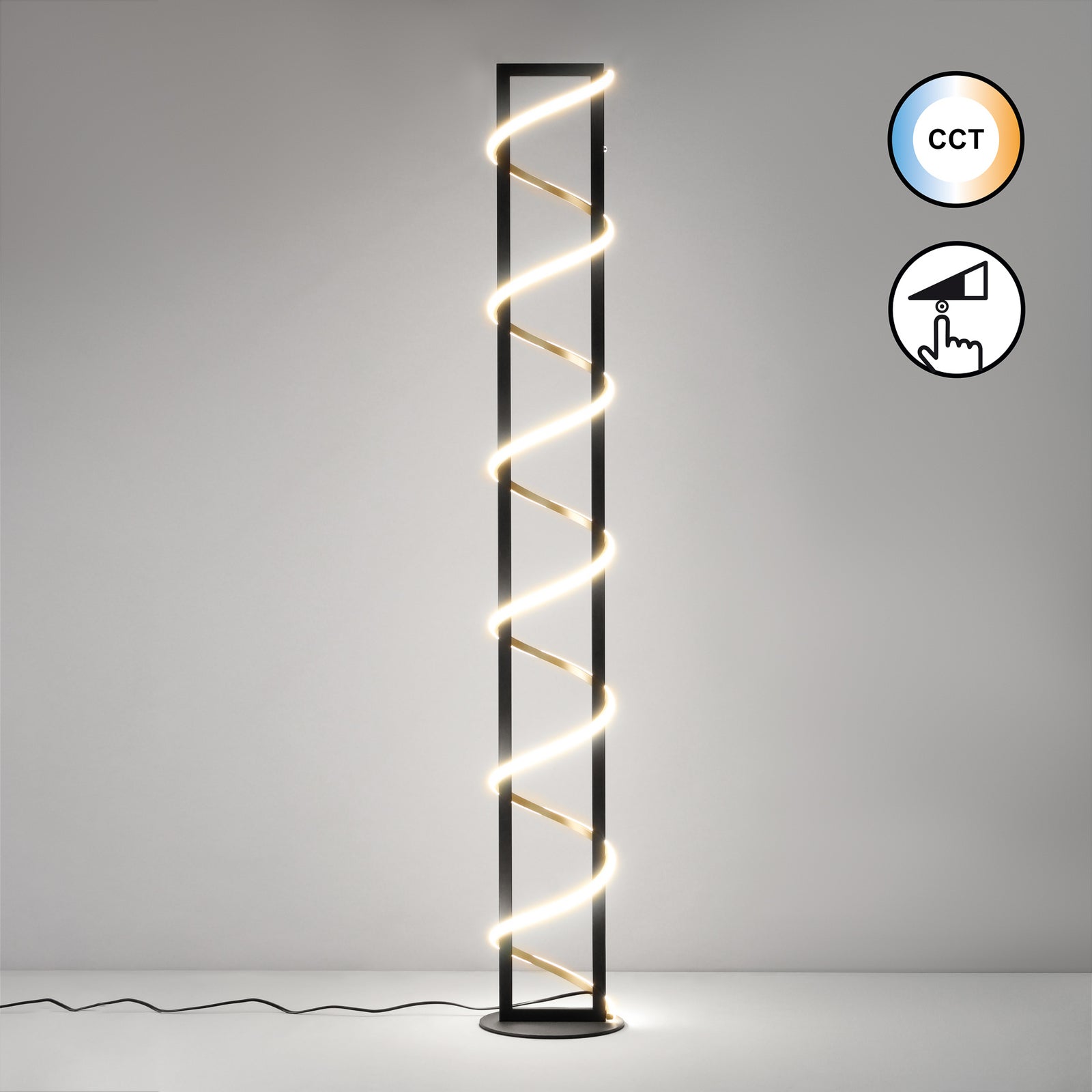 LED gulvlampe Gwen dimbar CCT svart/gull Ø22 cm nærbilde av bryter